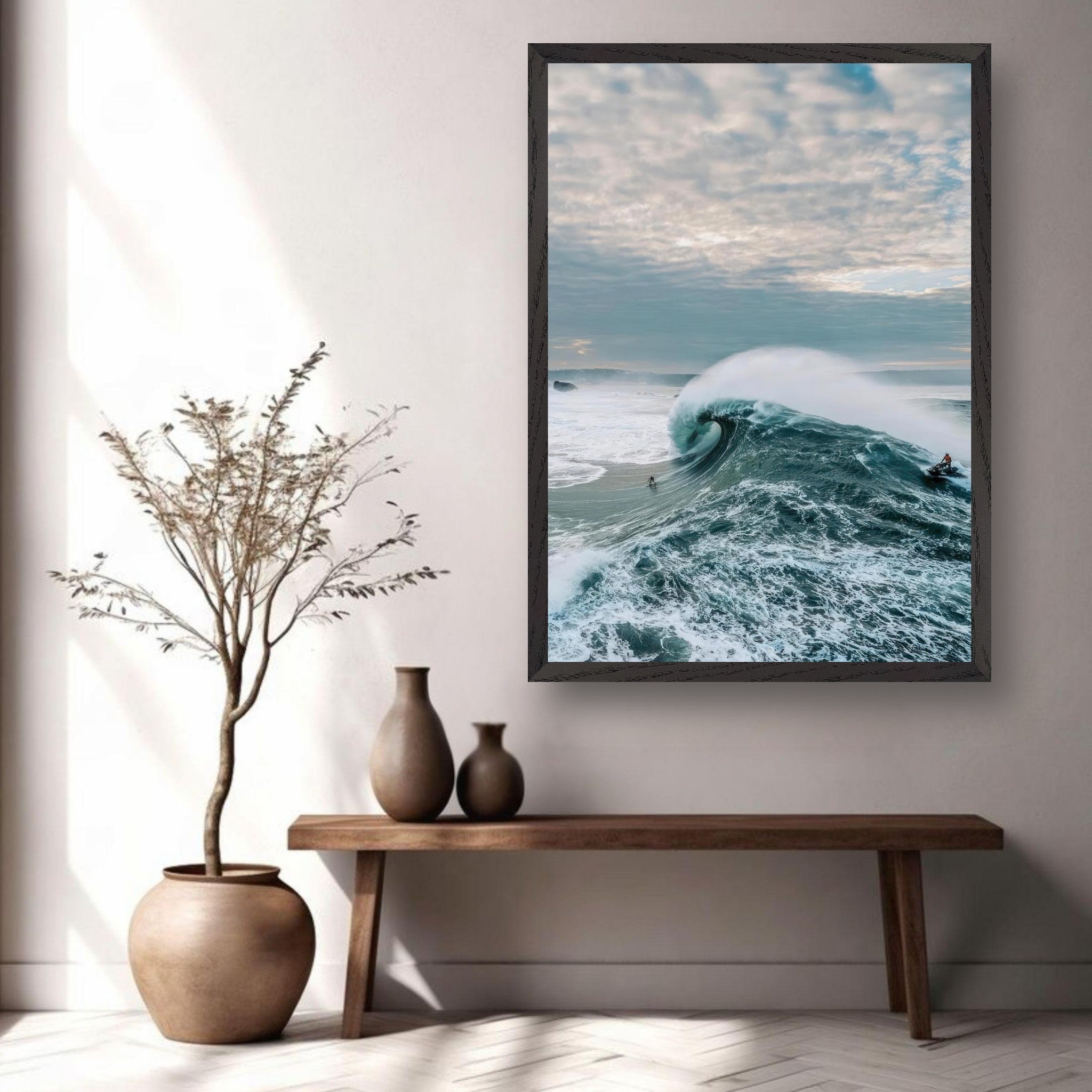 Big wave surfing fine art print in a modern interior, showcasing powerful ocean waves and a surfer.