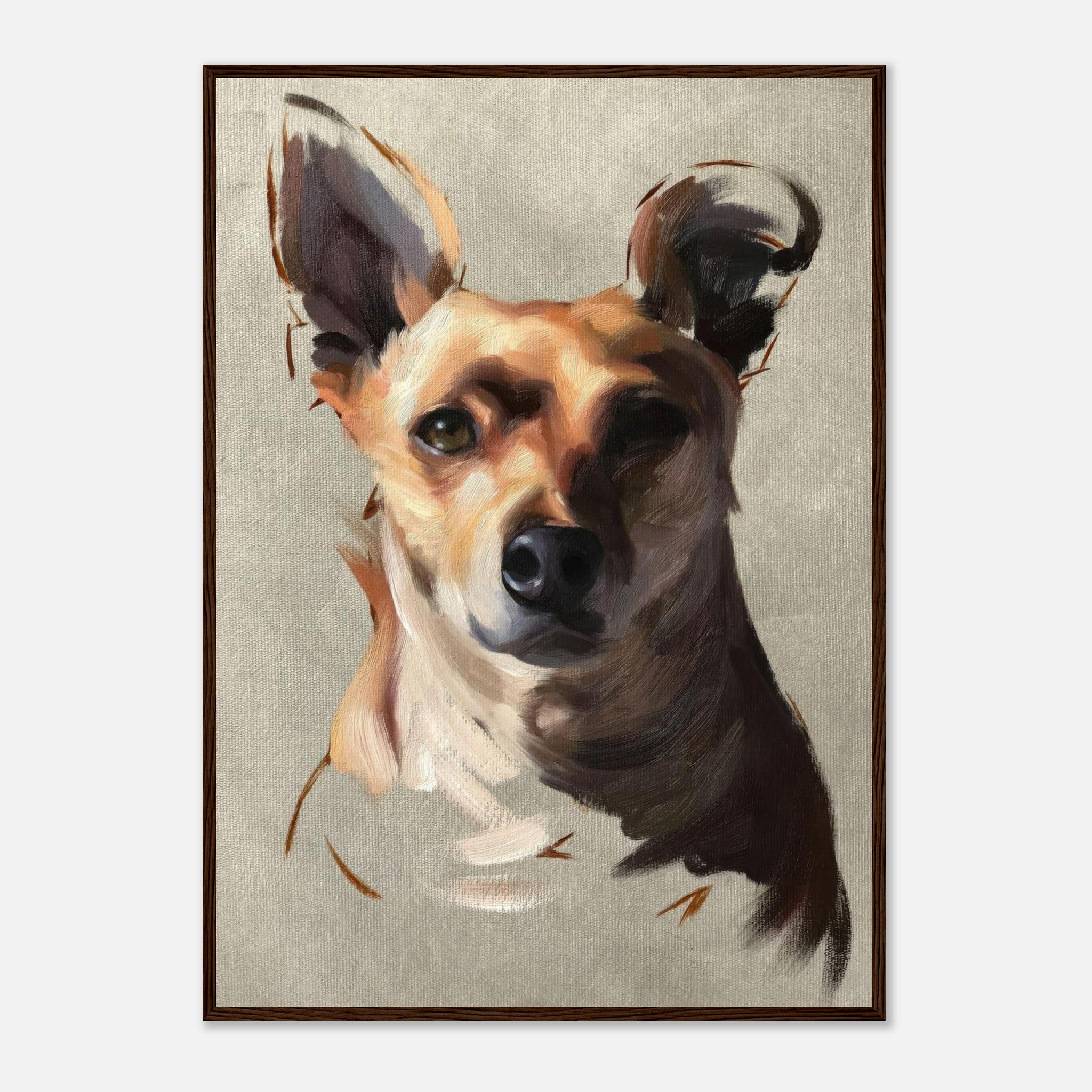 Chihuahua dog painting in a framed print, showcasing expressive brushstrokes and a soft background.