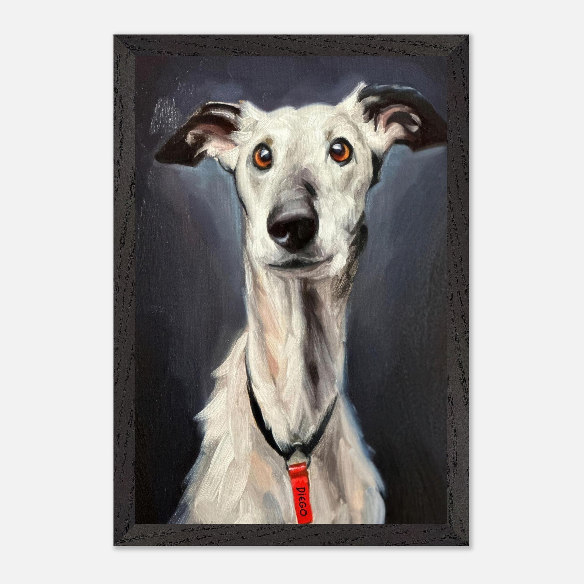 Portrait of a white Greyhound dog with expressive eyes and a collar, painted in vibrant colors on a dark background.