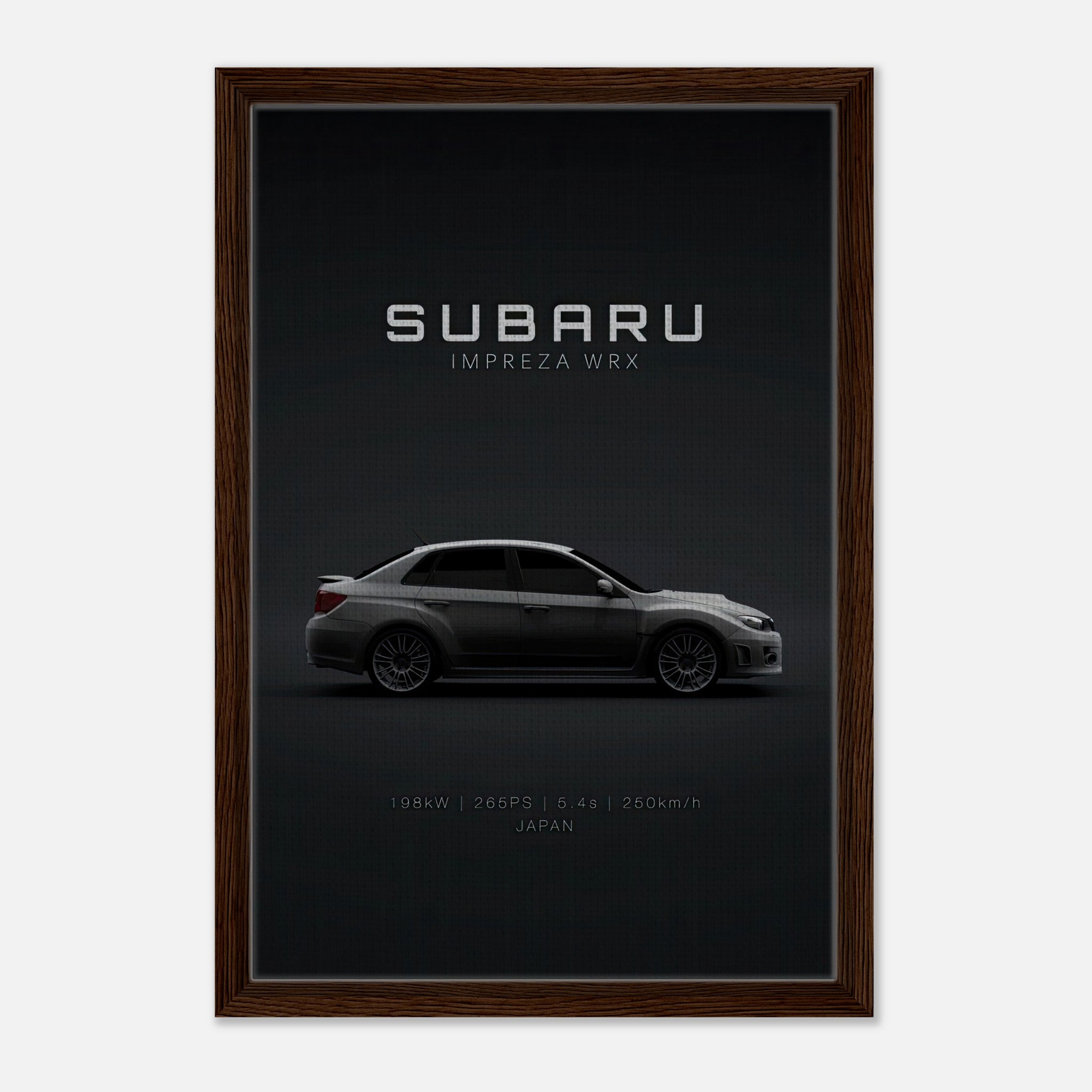 Subaru WRX framed canvas artwork showcasing sleek car design with specifications, ideal for enthusiasts.