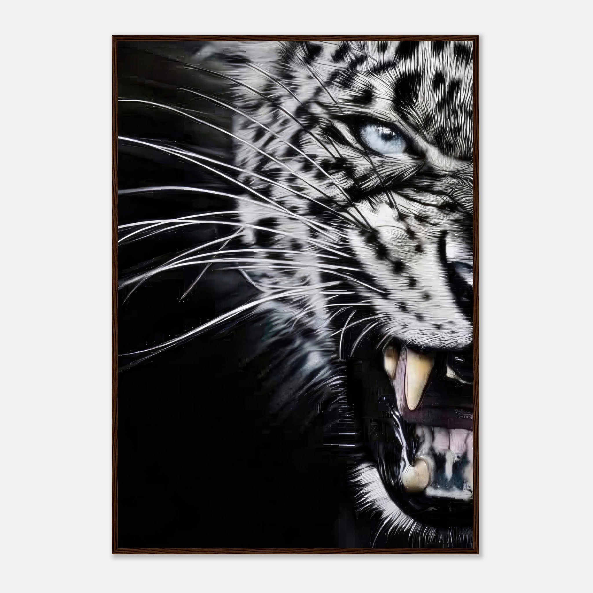 Close-up portrait of a fierce leopard with blue eyes and detailed features in a framed print.