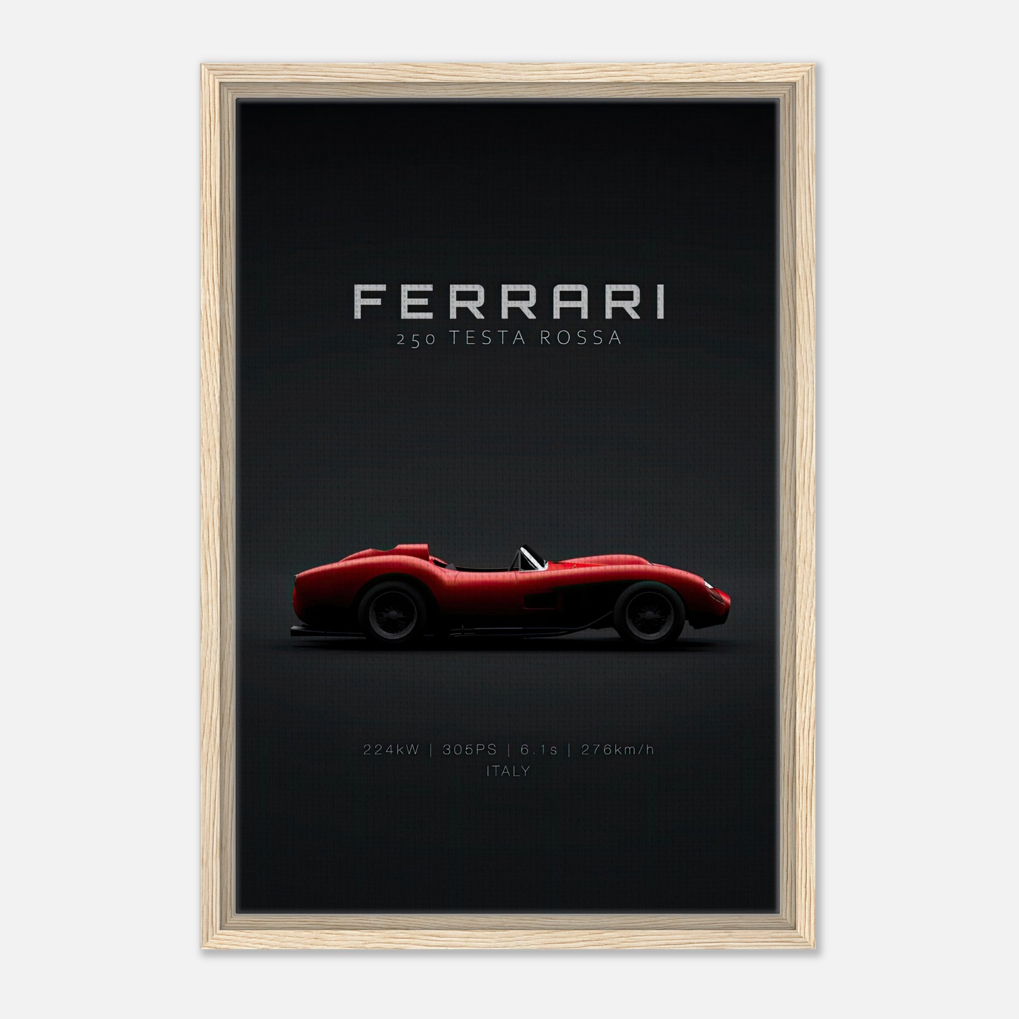 Ferrari 250 Testa Rossa framed canvas print featuring a sleek red sports car on a black background.