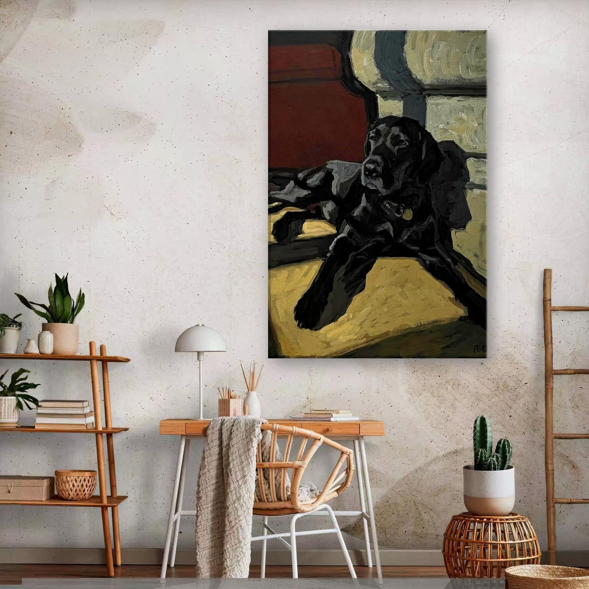 Black Labrador dog painting canvas print on a wall, adding elegance and charm to the living space.