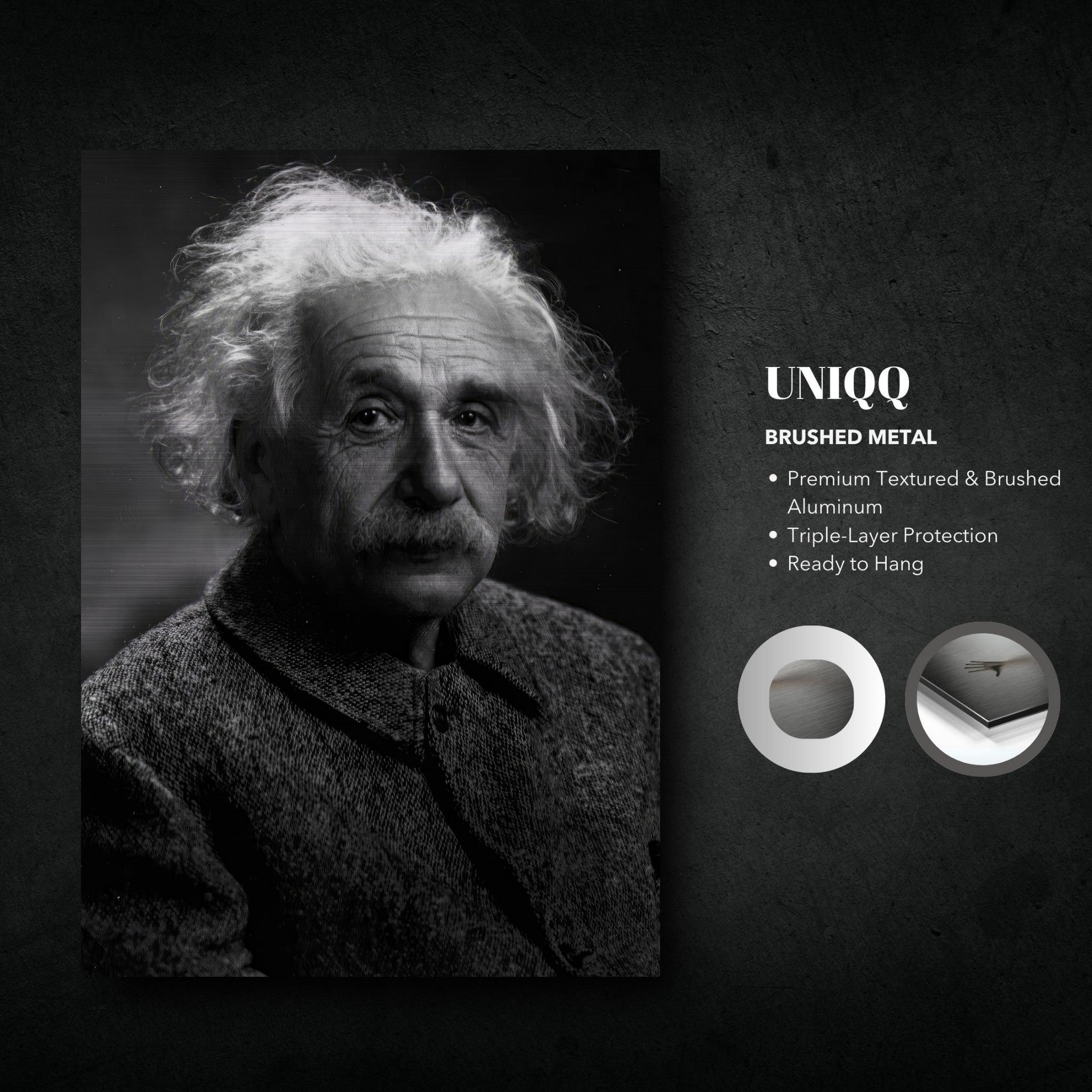 Albert Einstein portrait on brushed metal, featuring a thoughtful gaze in high-definition black-and-white for home decor.
