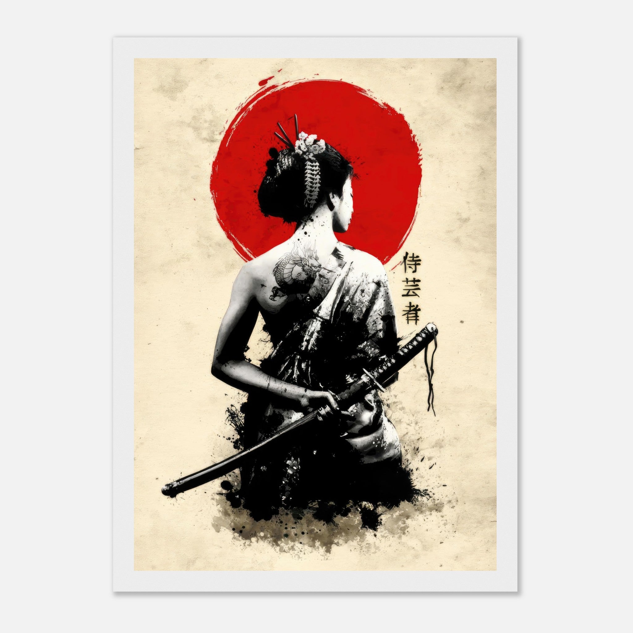 Samurai Geisha framed print featuring a geisha with katana and red sun backdrop, showcasing traditional elegance.