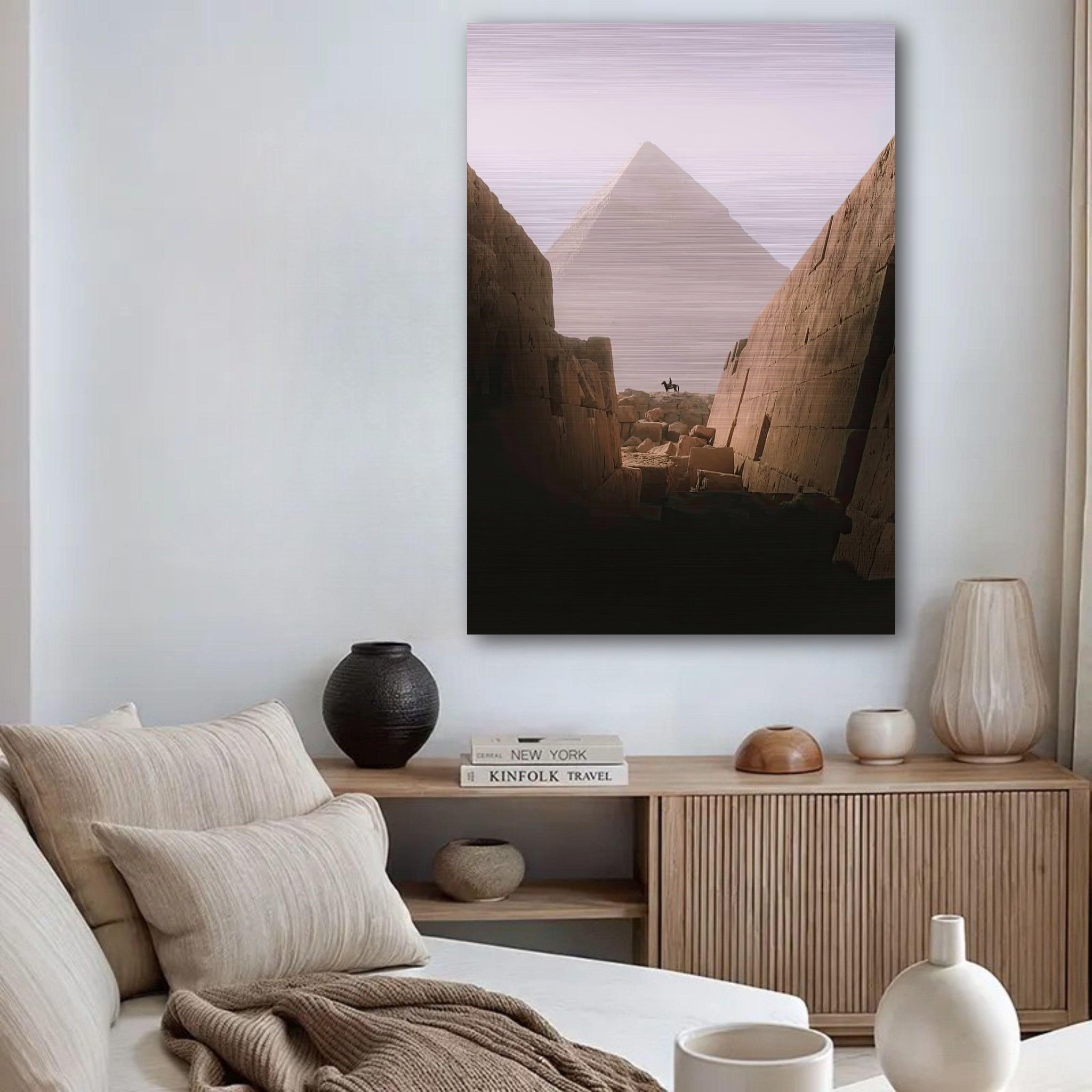 Brushed metal artwork of the Great Pyramid of Giza with a lone rider, showcasing ancient Egypt's majesty.