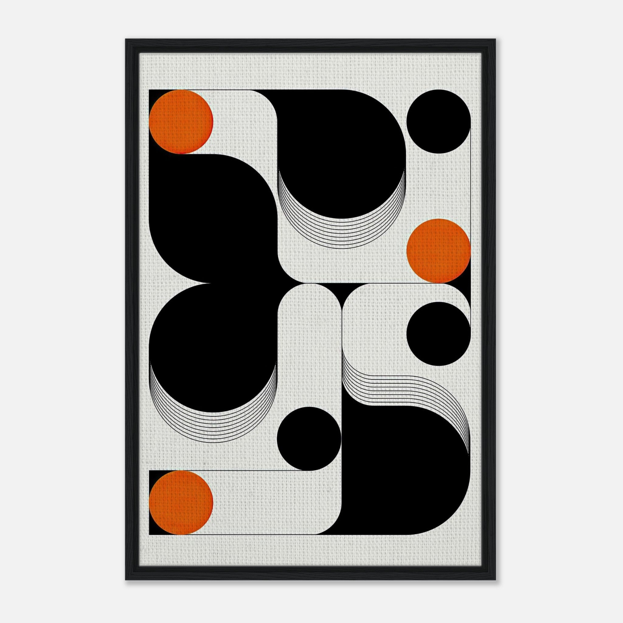 Modern geometric abstract art print featuring bold shapes in black, white, and orange, framed for contemporary decor.