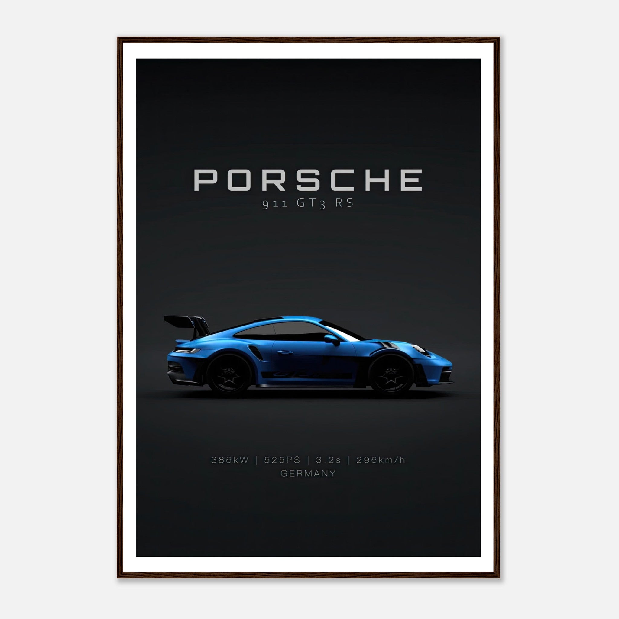 Porsche 911 GT3 RS framed poster showcasing the car's sleek design and performance stats.