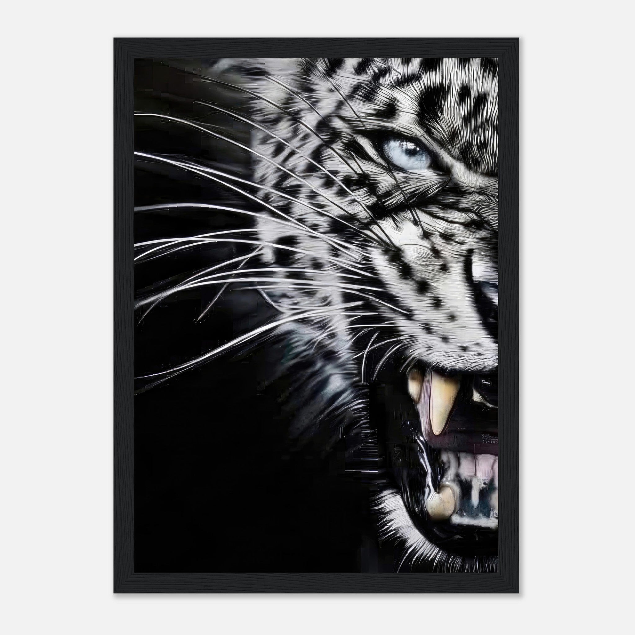 Leopard close-up portrait framed print showcasing piercing blue eyes and sharp fangs, perfect for wild decor.