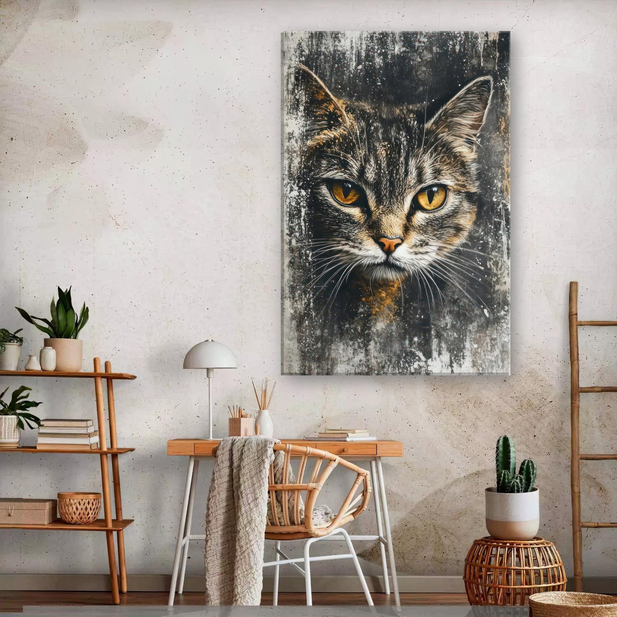 Cat painting artwork canvas print featuring a close-up of a cat's golden eyes in a stylish home decor setting.
