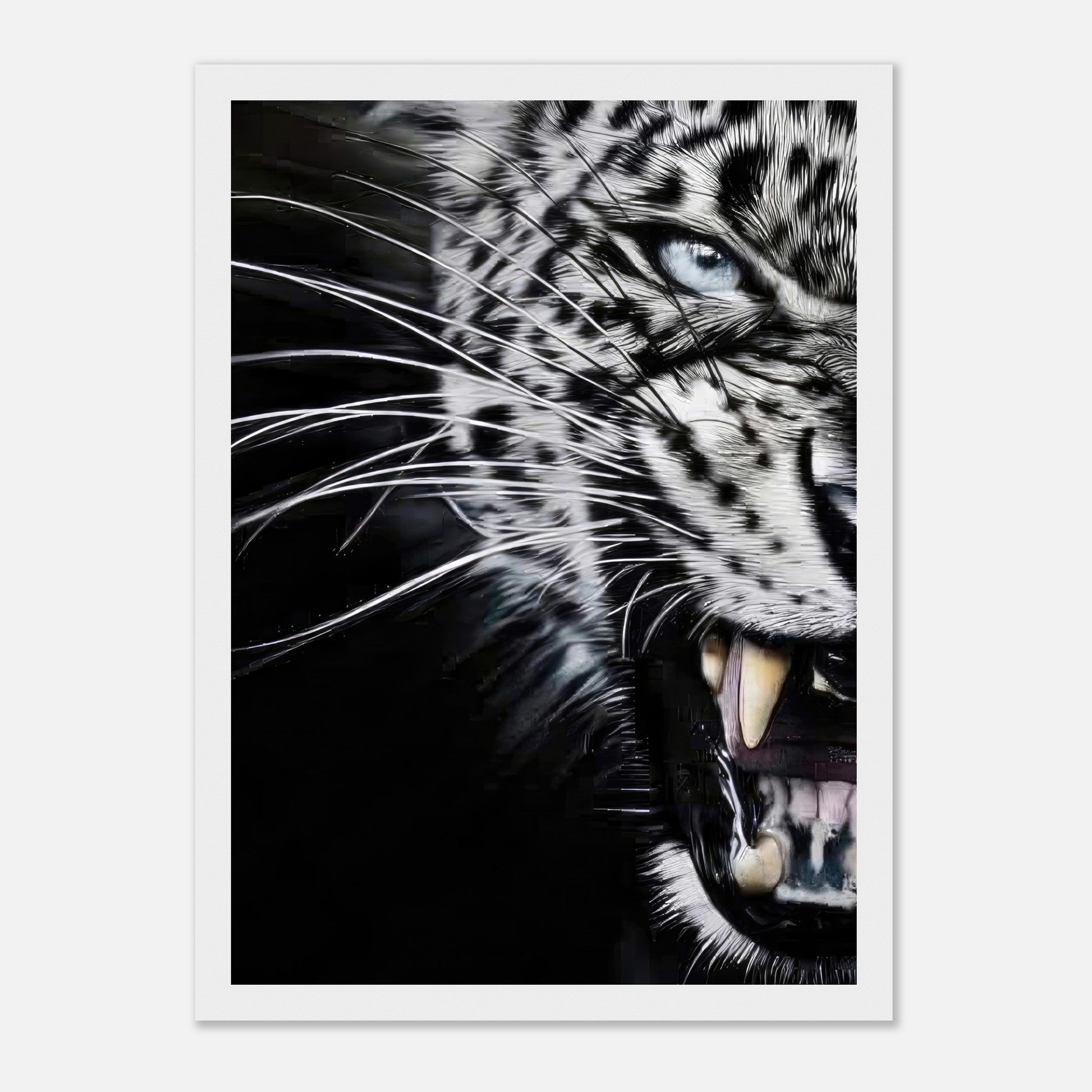 Close-up portrait of a fierce leopard showcasing its blue eye and sharp fangs, framed print for home decor.