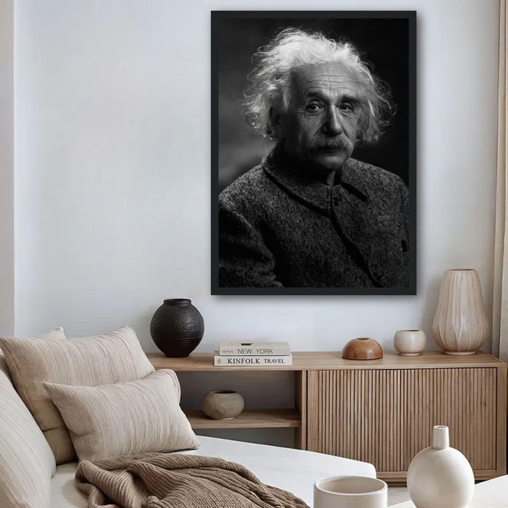 Framed black-and-white portrait of Albert Einstein displayed in a modern living space.