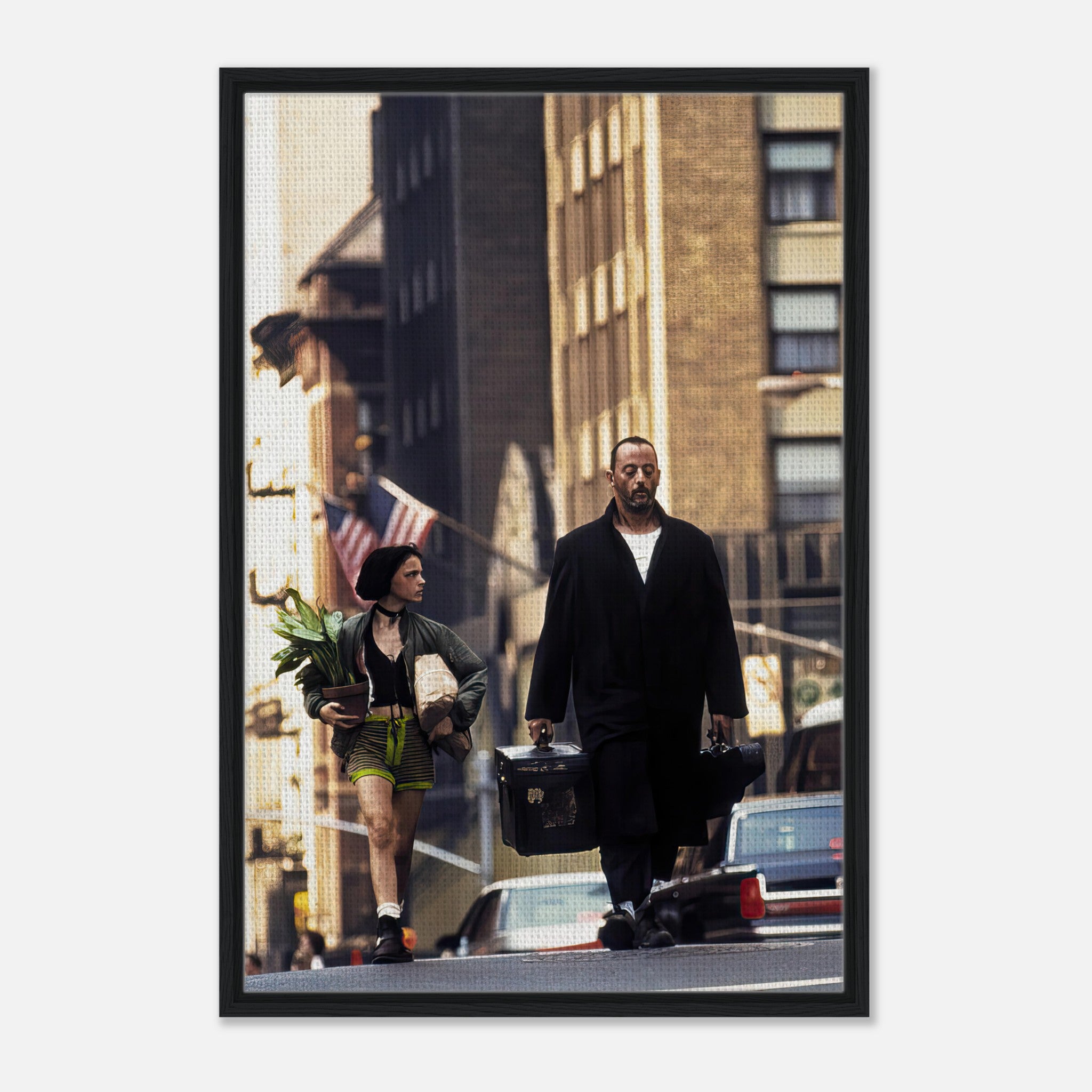 Framed canvas print of Jean Reno and Natalie Portman in Leon, capturing iconic film moments.