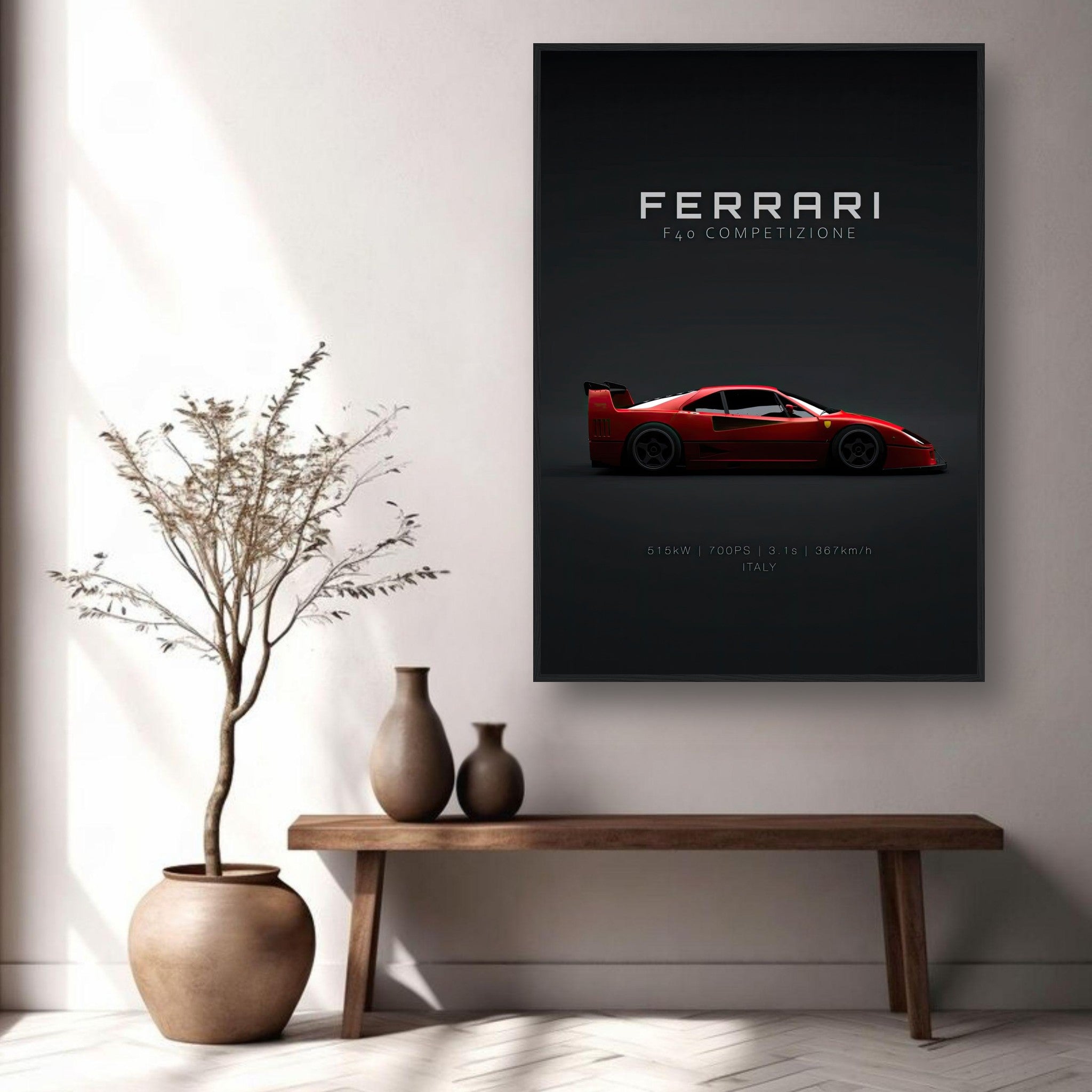 Framed Ferrari F40 Competizione poster showcasing vibrant red supercar in modern decor setting.