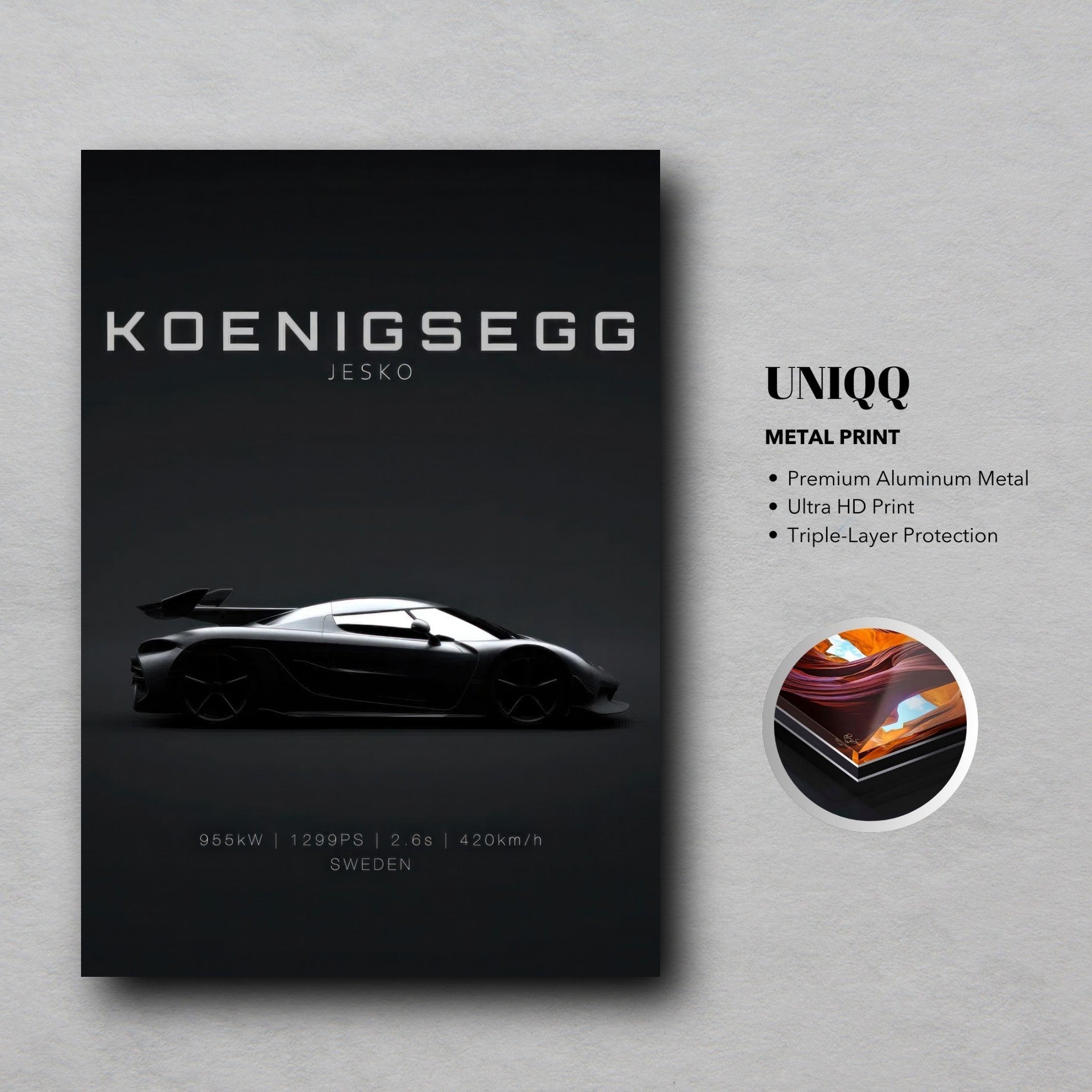 Koenigsegg Jesko metal print showcasing sleek design and vivid details on premium aluminum, perfect for automotive enthusiasts.