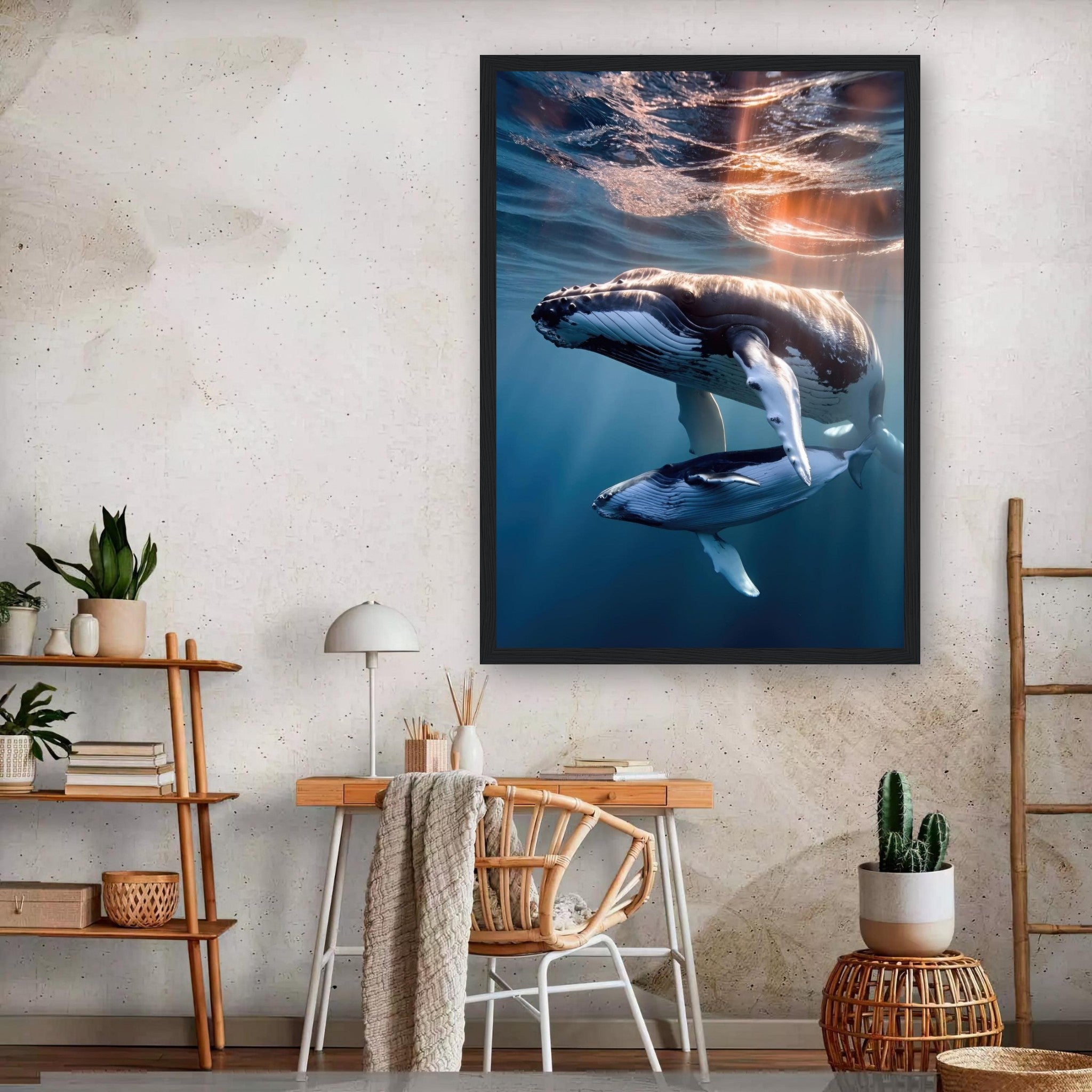 Framed print of humpback whale and calf underwater, showcasing ocean beauty and vibrant colors.