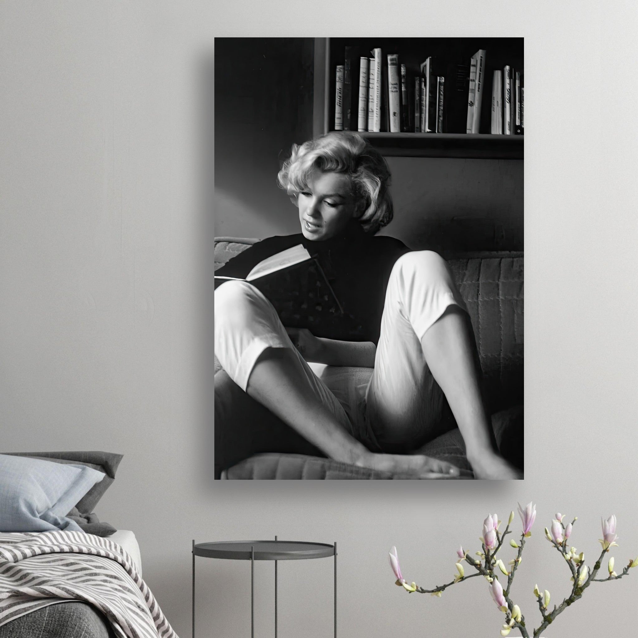 Marilyn Monroe reading at home in a black-and-white vintage poster, adding elegance to any living space.