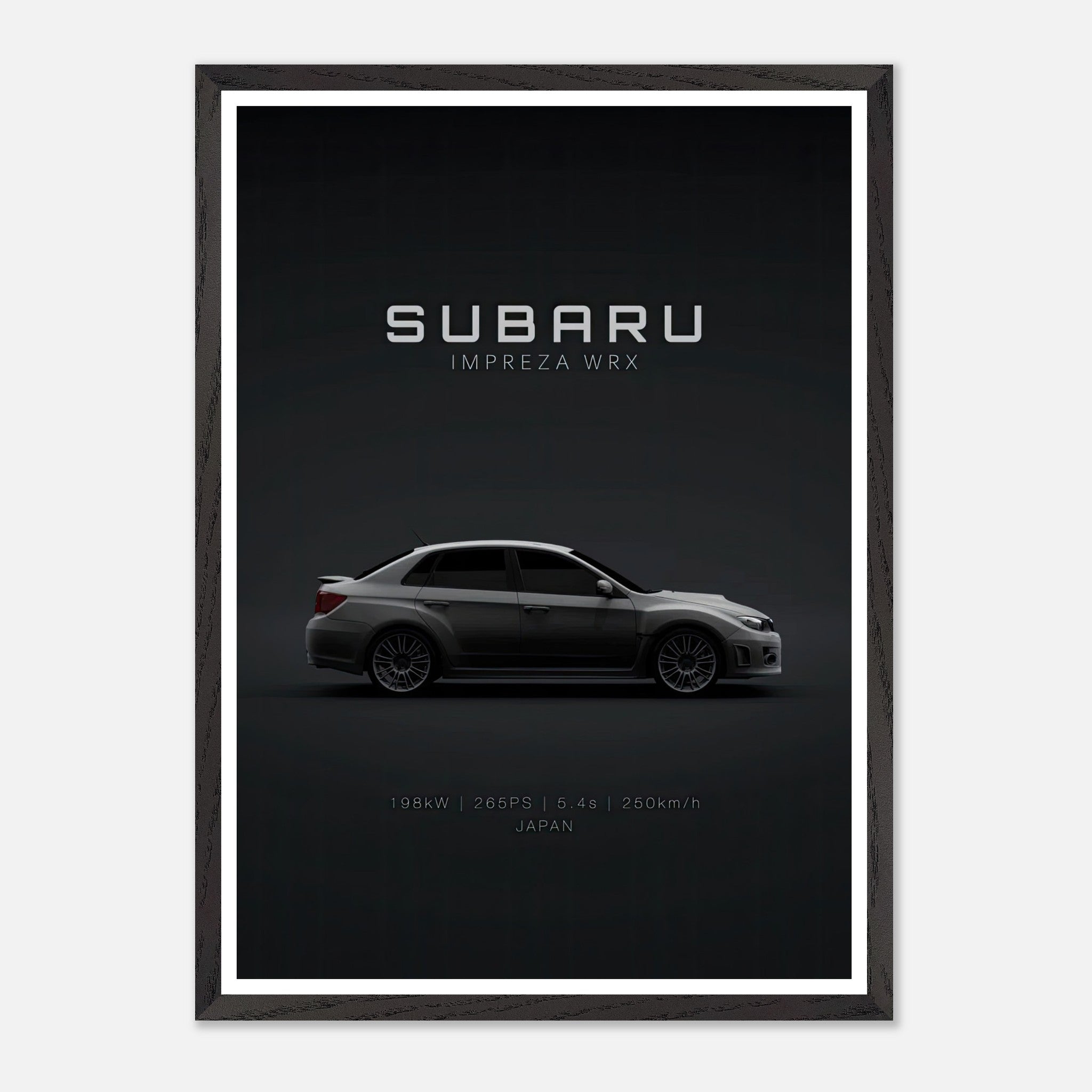 Subaru WRX vintage framed art showcasing a sleek side profile with minimalist background.