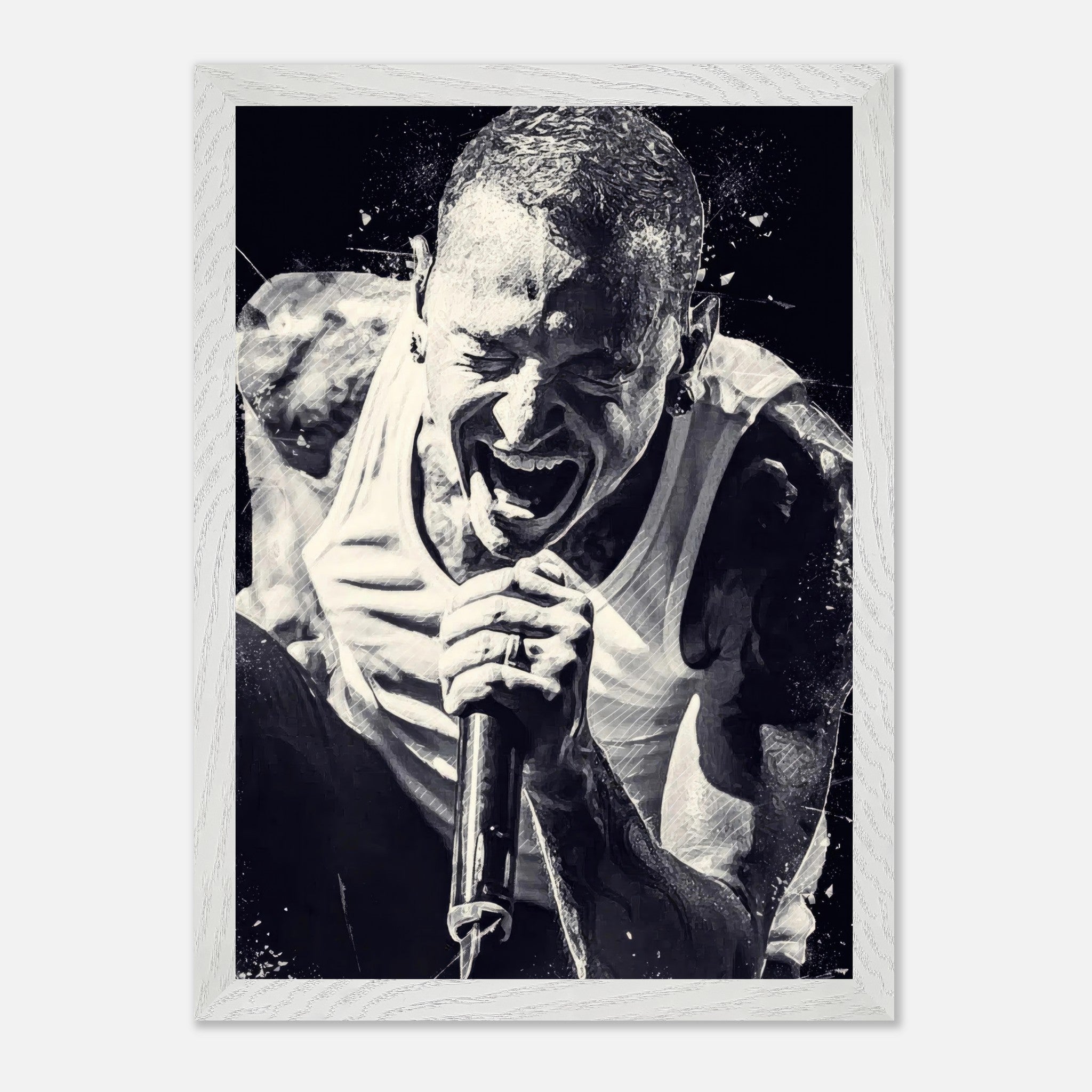 Vintage framed print of Chester Bennington performing passionately, capturing the intensity of his iconic performances.