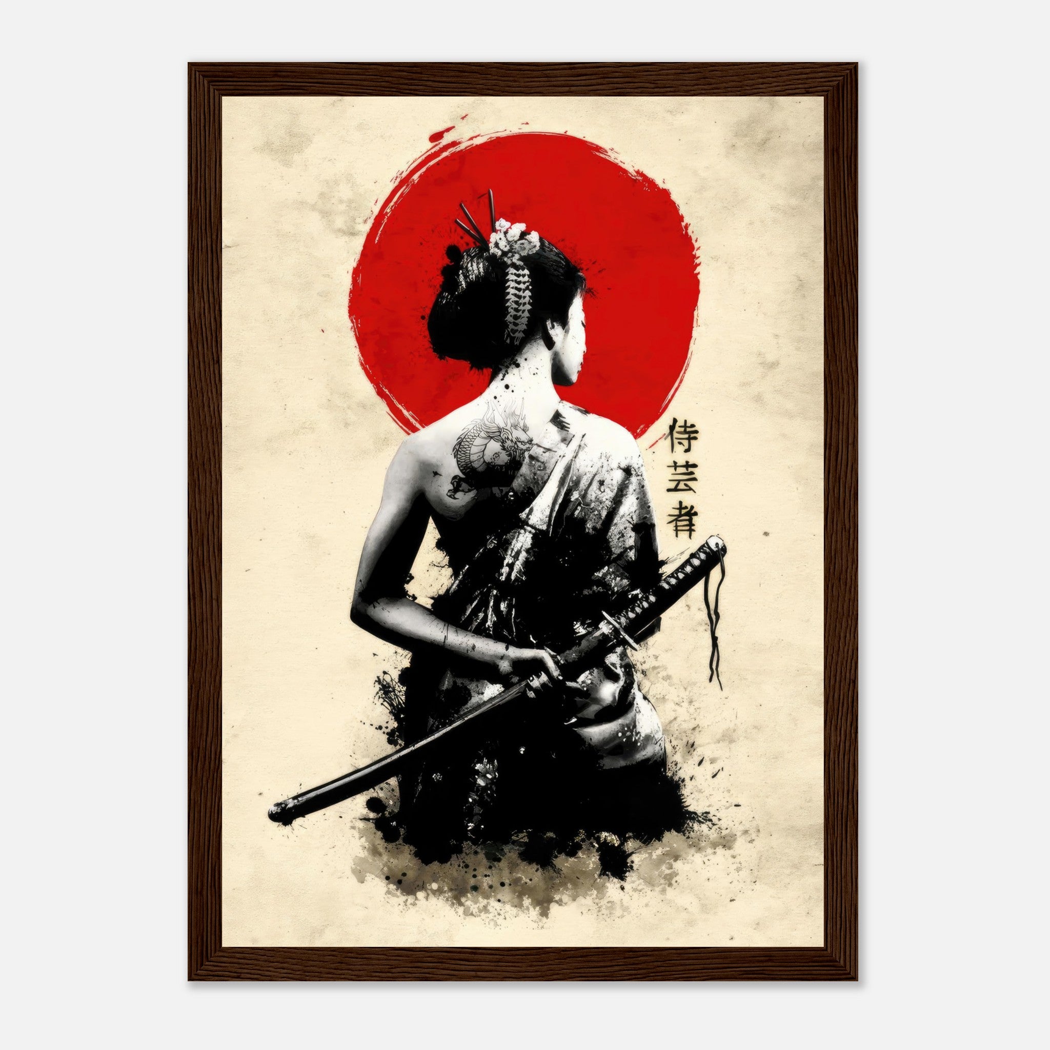 Samurai Geisha framed print featuring a geisha with a katana against a bold red sun backdrop.