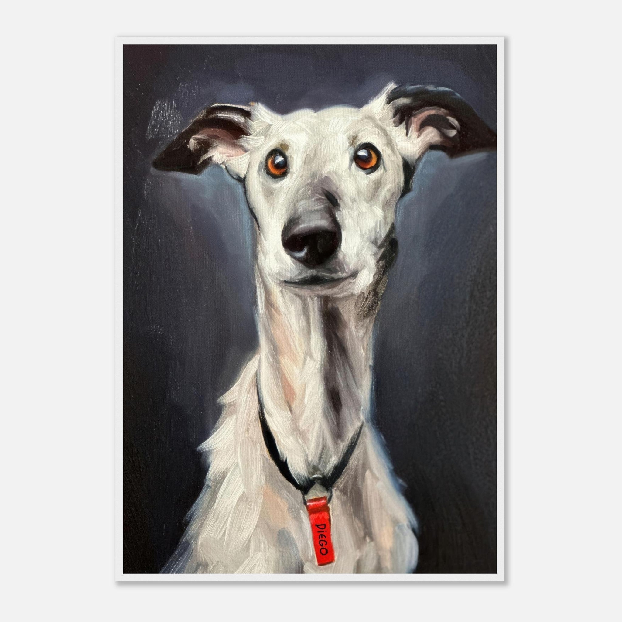Portrait of a greyhound dog with soulful eyes and a red collar, perfect for home décor as a framed print.