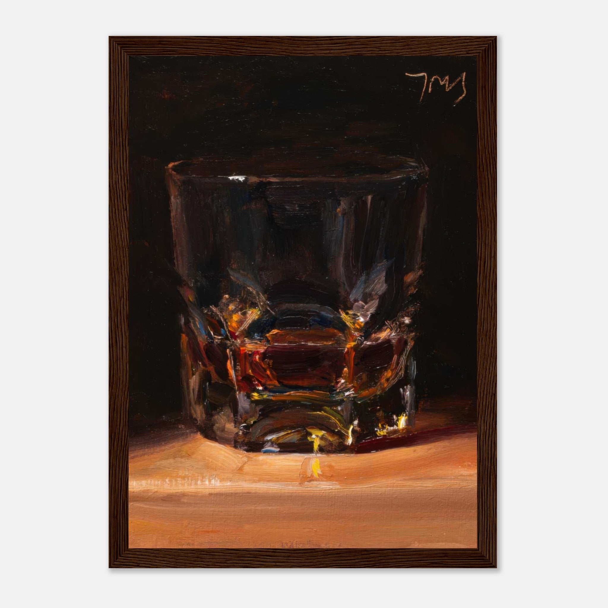 Oil painting reproduction of a whiskey glass, framed print showcasing rich amber tones.