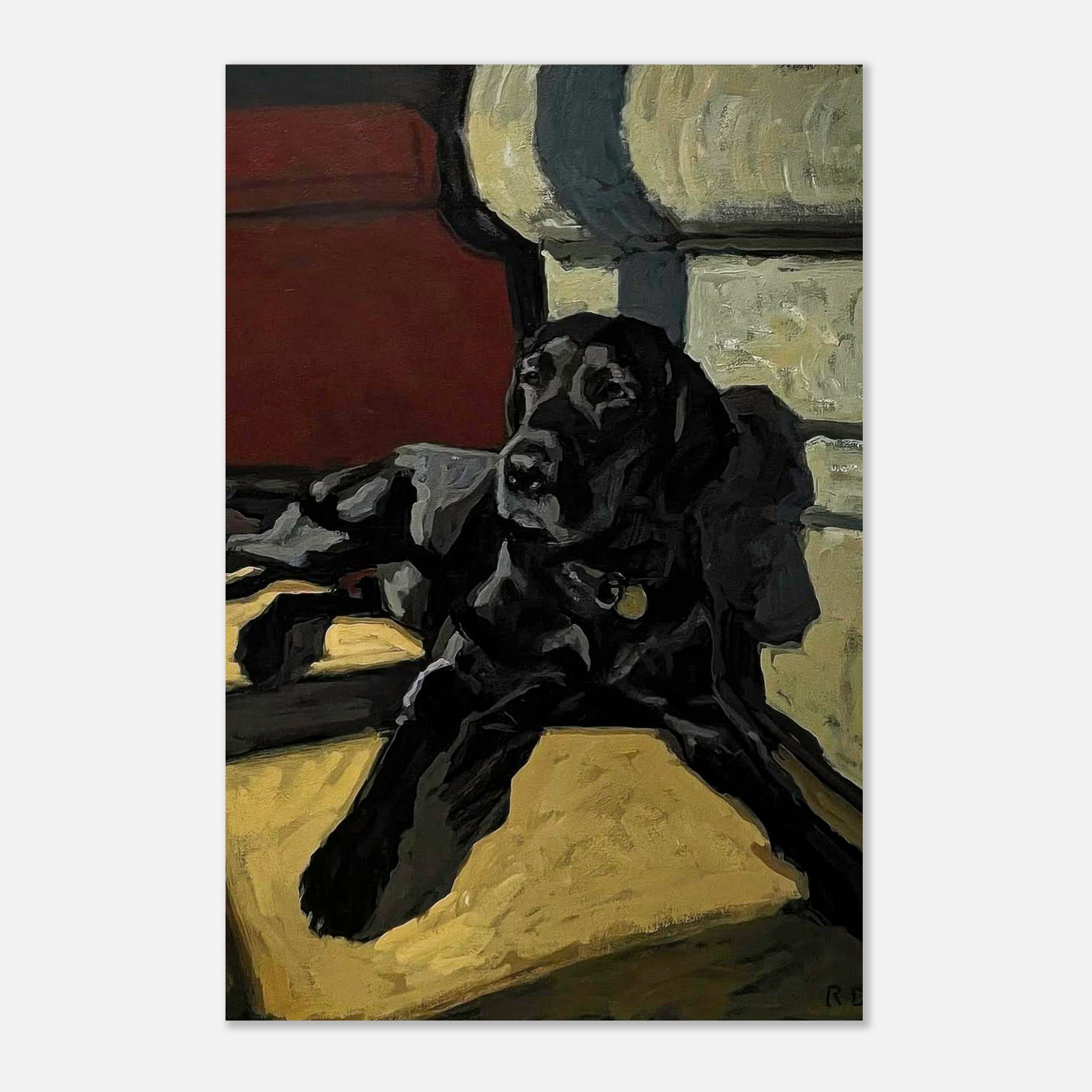 Black Labrador dog painting metal print featuring a detailed portrayal of a black Labrador resting.