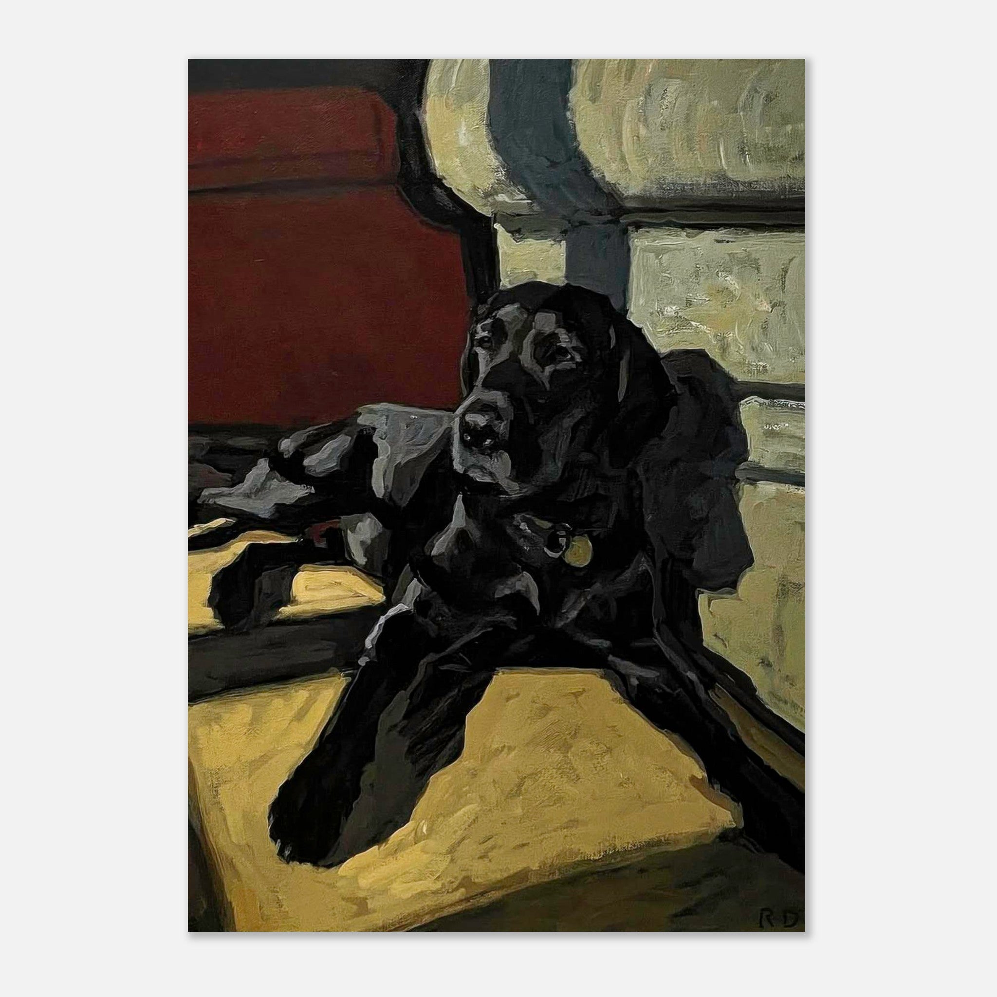 Black Labrador dog painting poster featuring a relaxed dog, perfect for dog lovers' home or office decor.