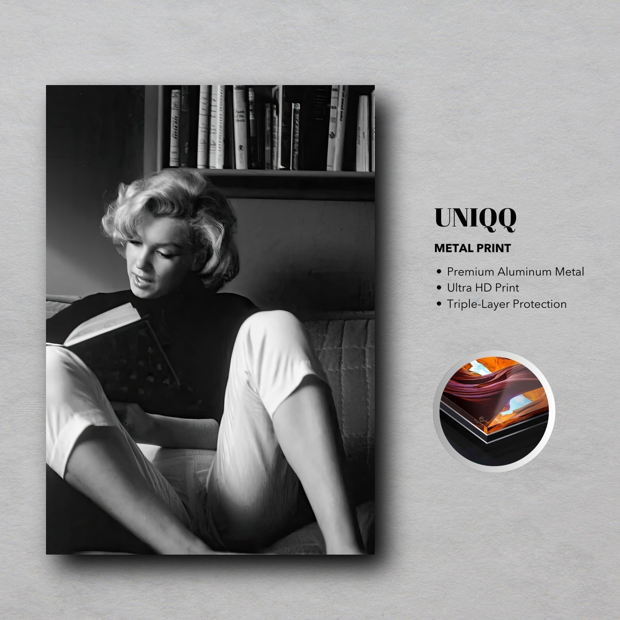 Marilyn Monroe reading at home in black-and-white, showcasing elegance and nostalgia. Perfect for vintage decor.