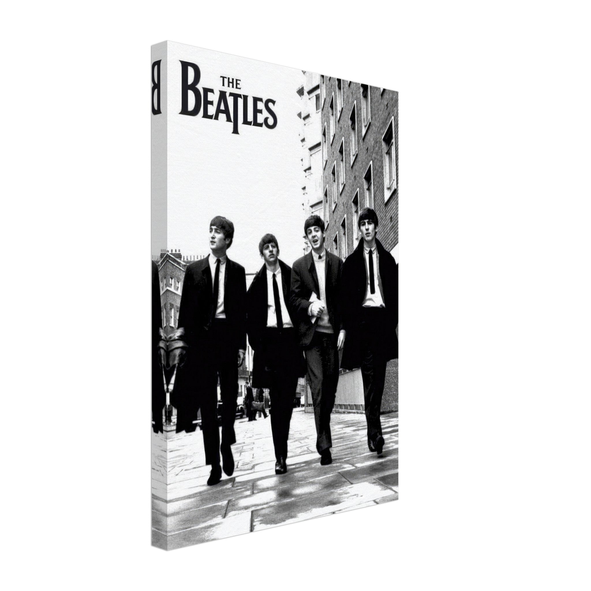The Beatles Cover Canvas Print featuring the iconic band in black and white, showcasing their timeless style.