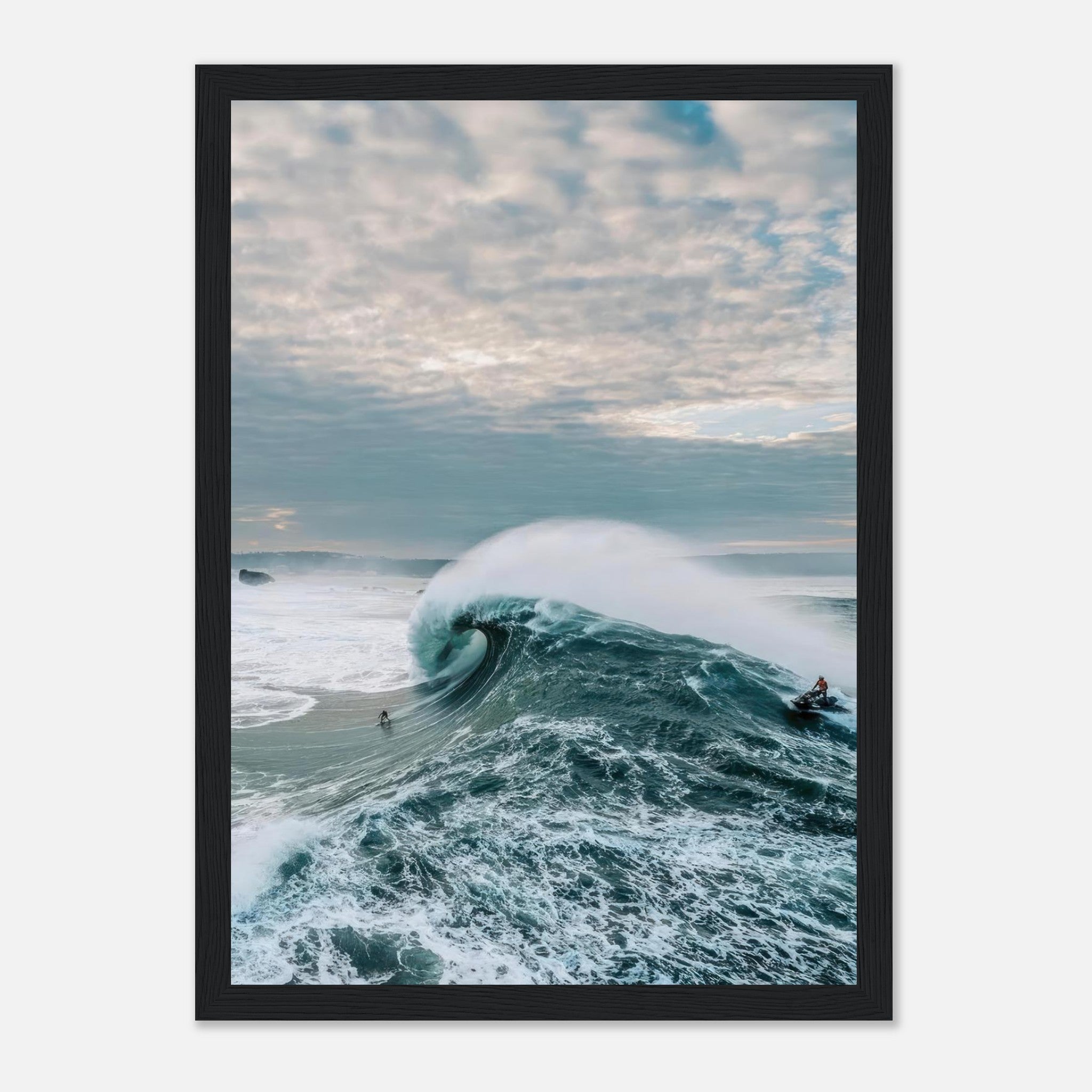 Big Wave Surfing Framed Print showcasing a surfer riding a massive wave against a dramatic sky.