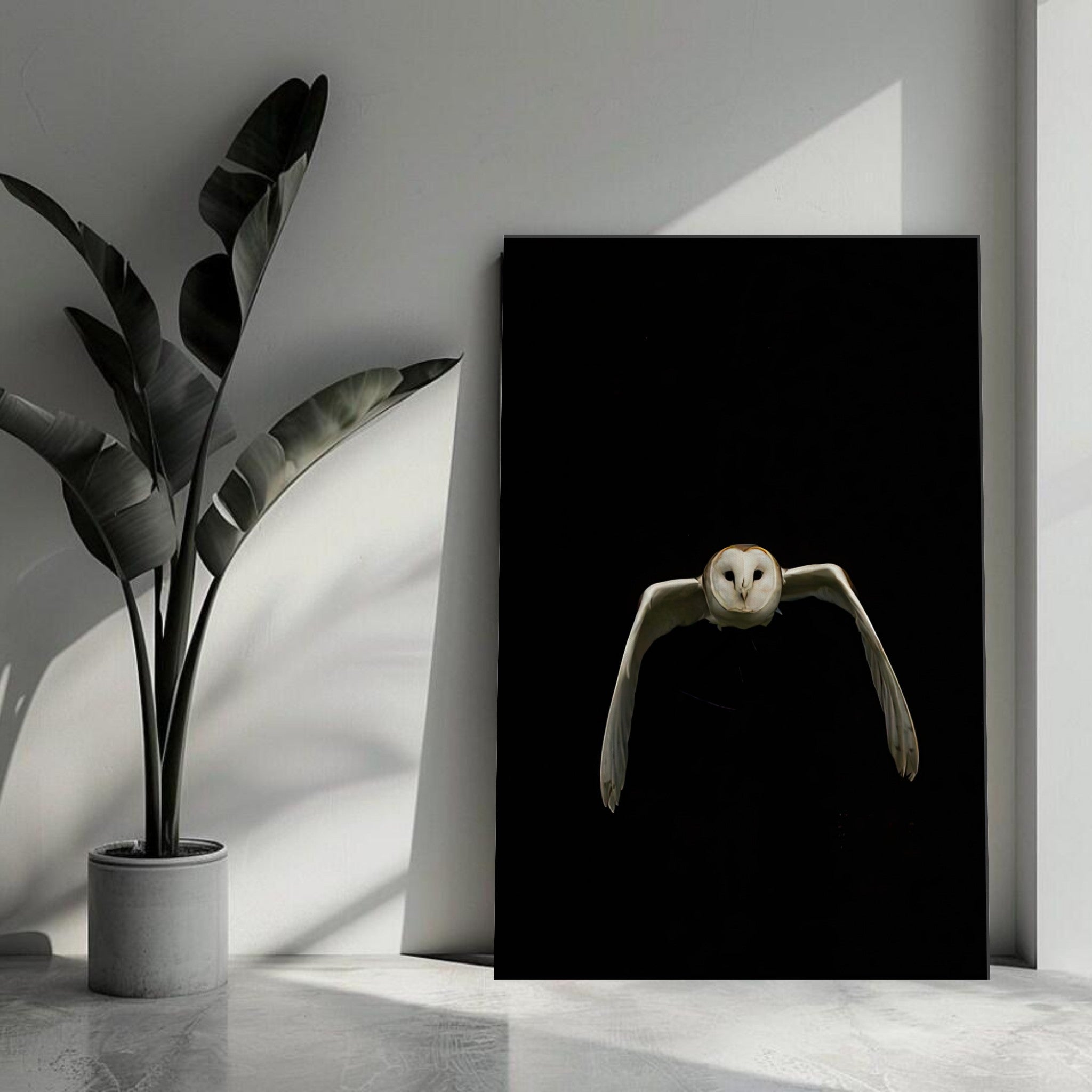 Owl canvas artwork showcasing an owl in flight against a black background, perfect for nature lovers.