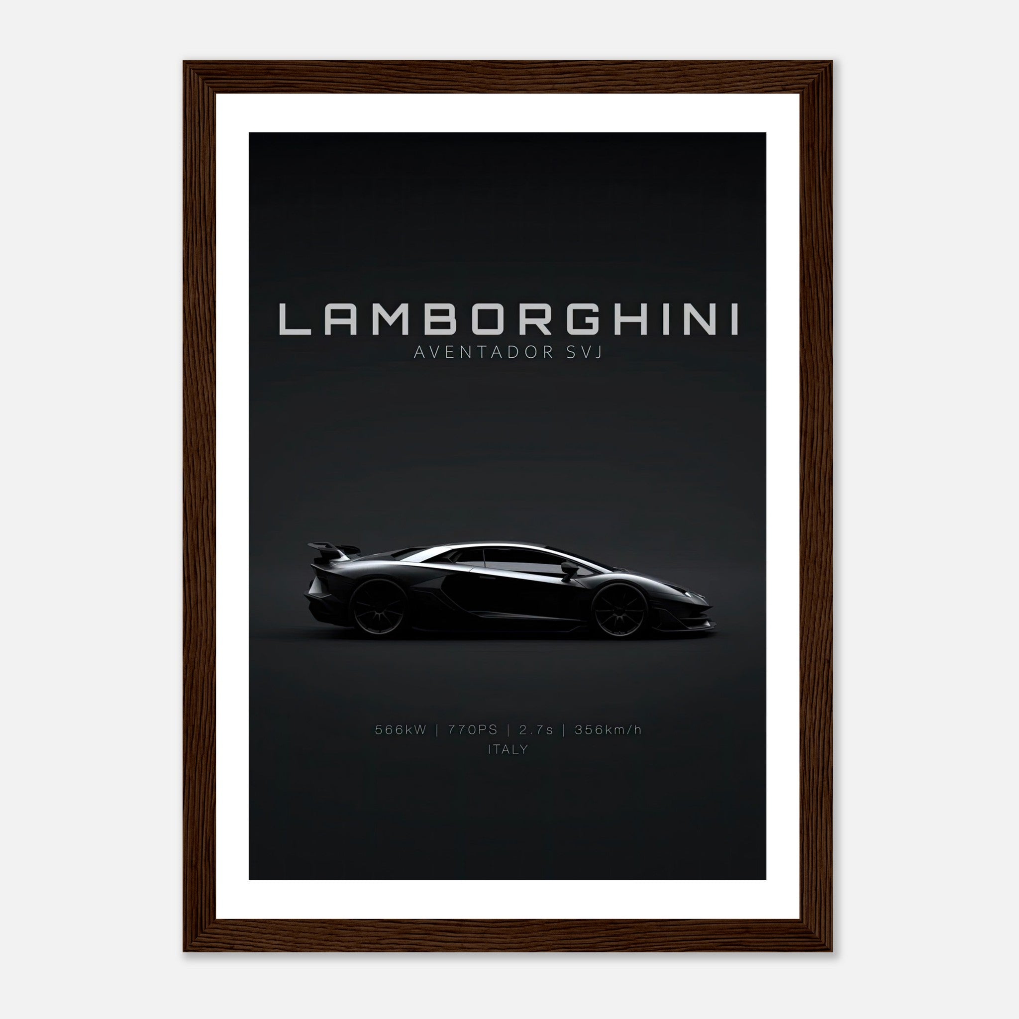 Lamborghini Aventador SVJ framed poster showcasing sleek design and automotive excellence.