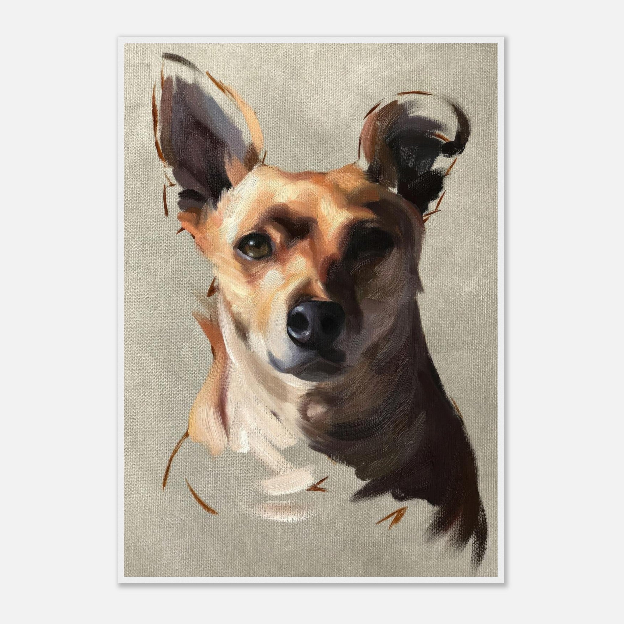 Chihuahua dog painting in a framed print, showcasing expressive brushstrokes and warm tones.