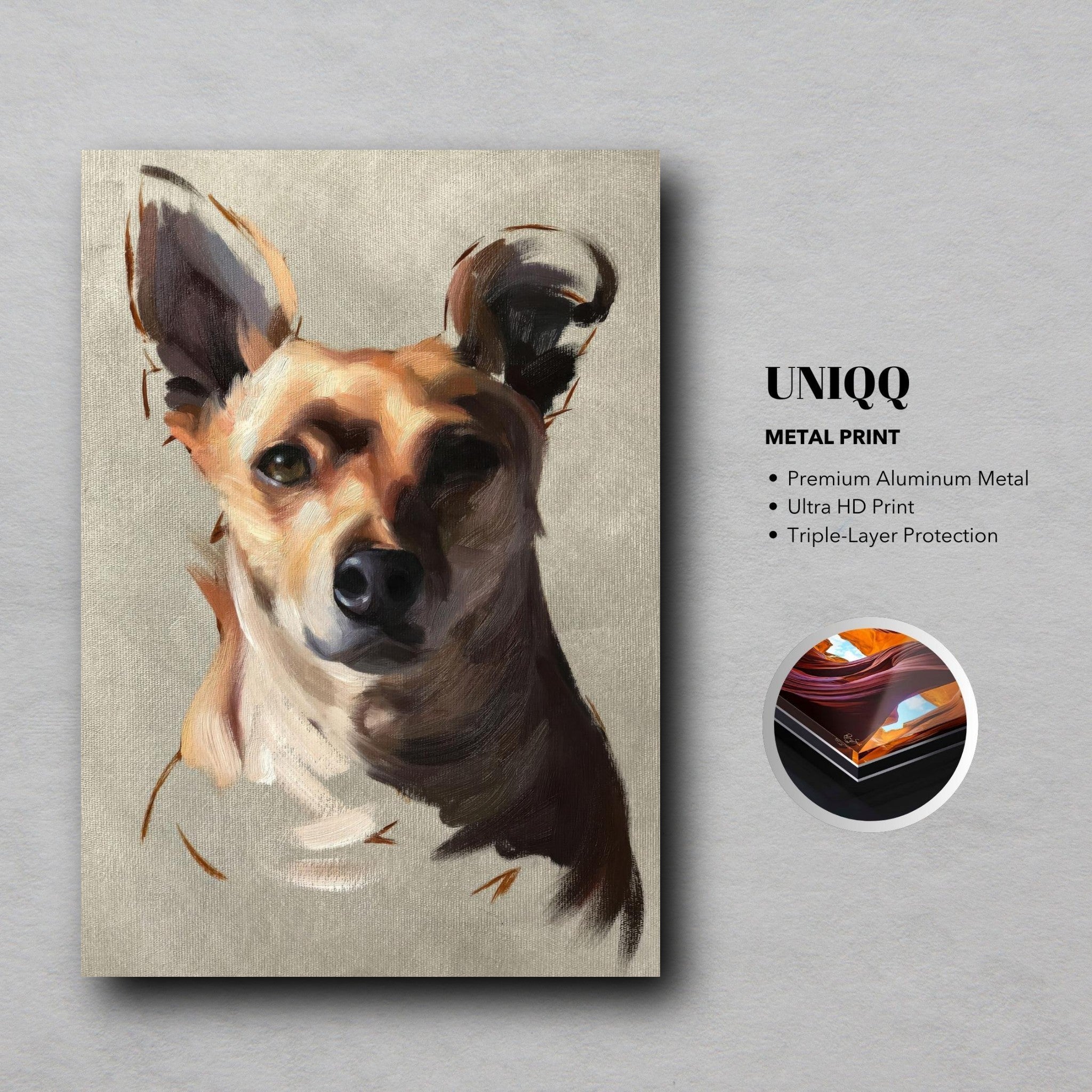 Chihuahua dog painting on metal print, showcasing detailed portraiture and warm tones for stylish home decor.