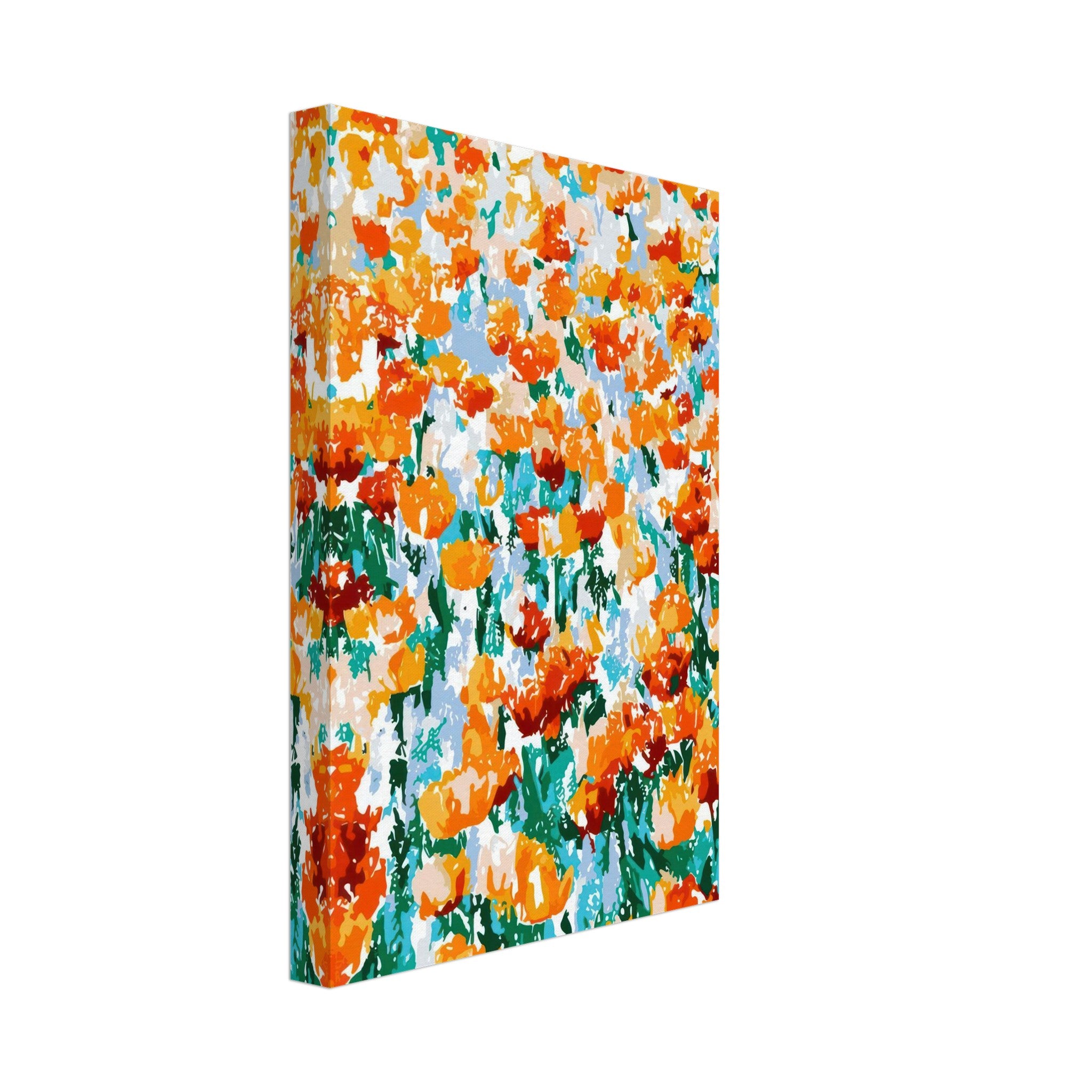 Vibrant Abstract Floral Tulip Garden Canvas Print featuring bold orange tulips and a dreamy blue background.