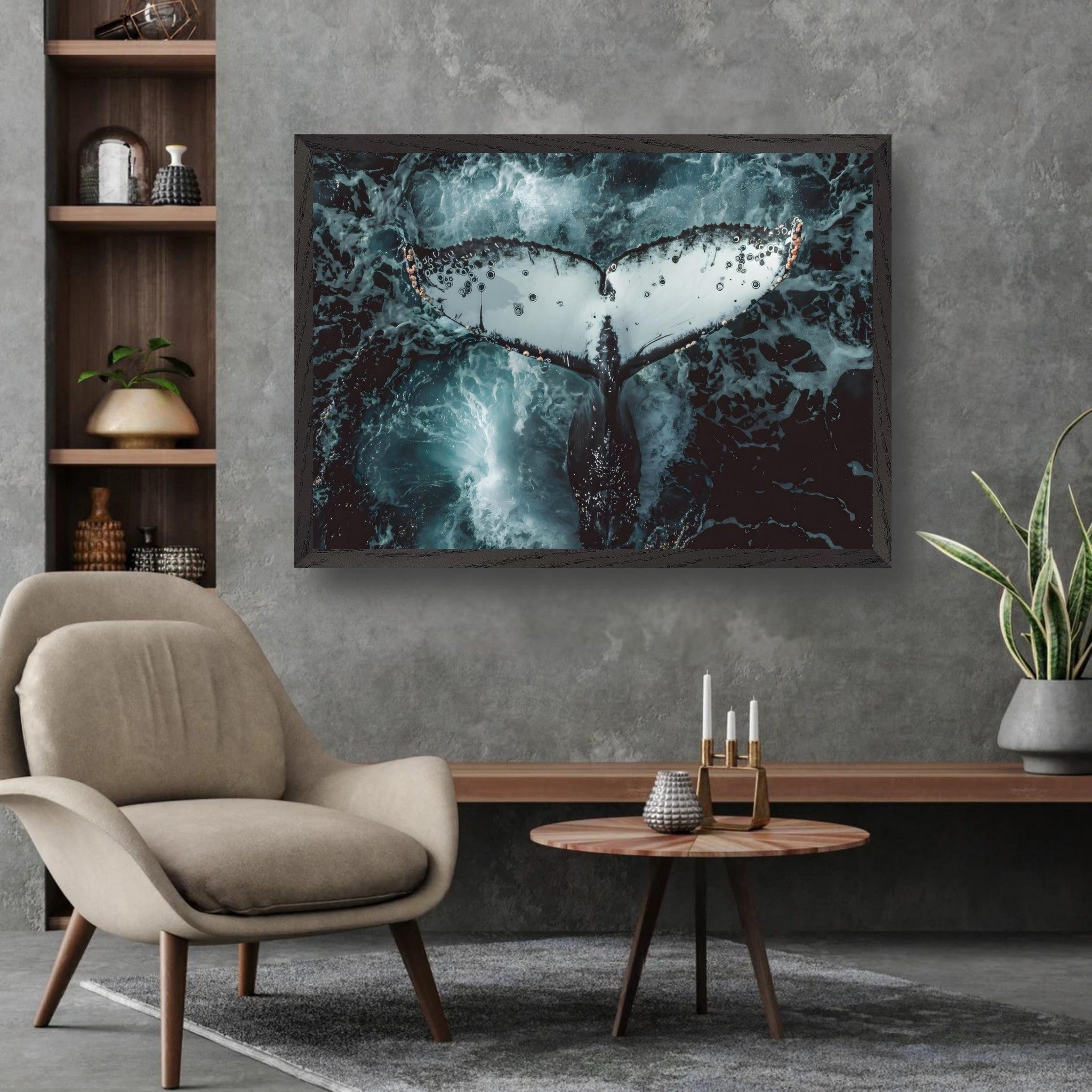Humpback Whale vintage framed art showcasing a whale tail above ocean waves in a modern living room setting.