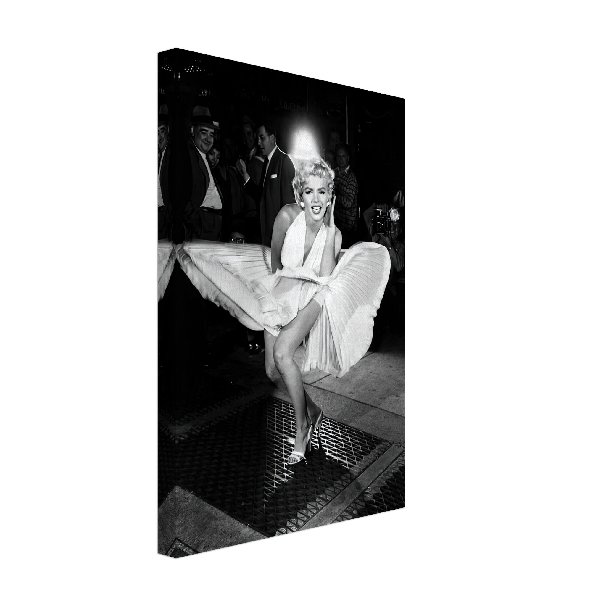 Marilyn Monroe in white dress caught by wind, iconic Hollywood moment on canvas print.