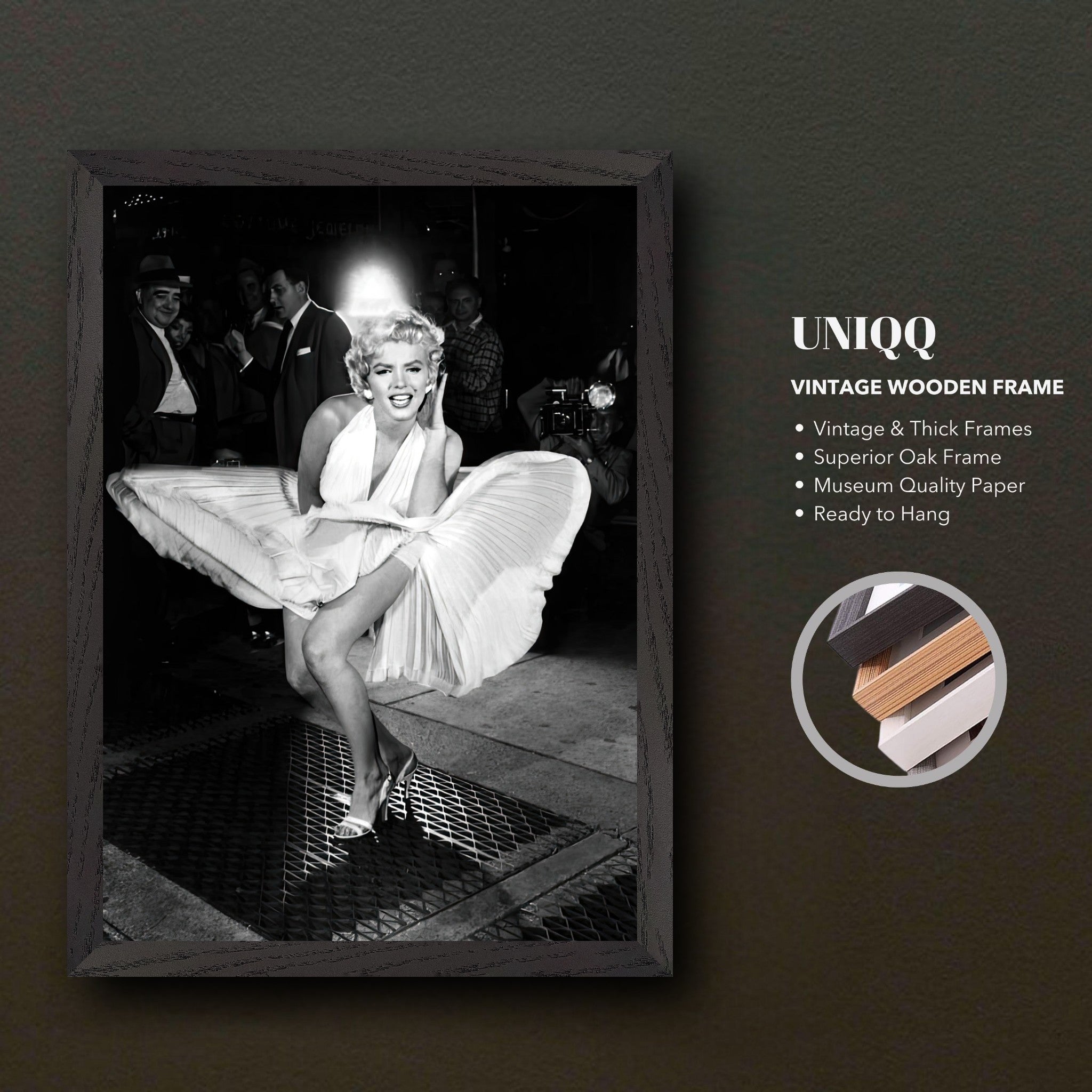 Vintage framed print of Marilyn Monroe in a white dress, embodying Hollywood glamour and elegance.