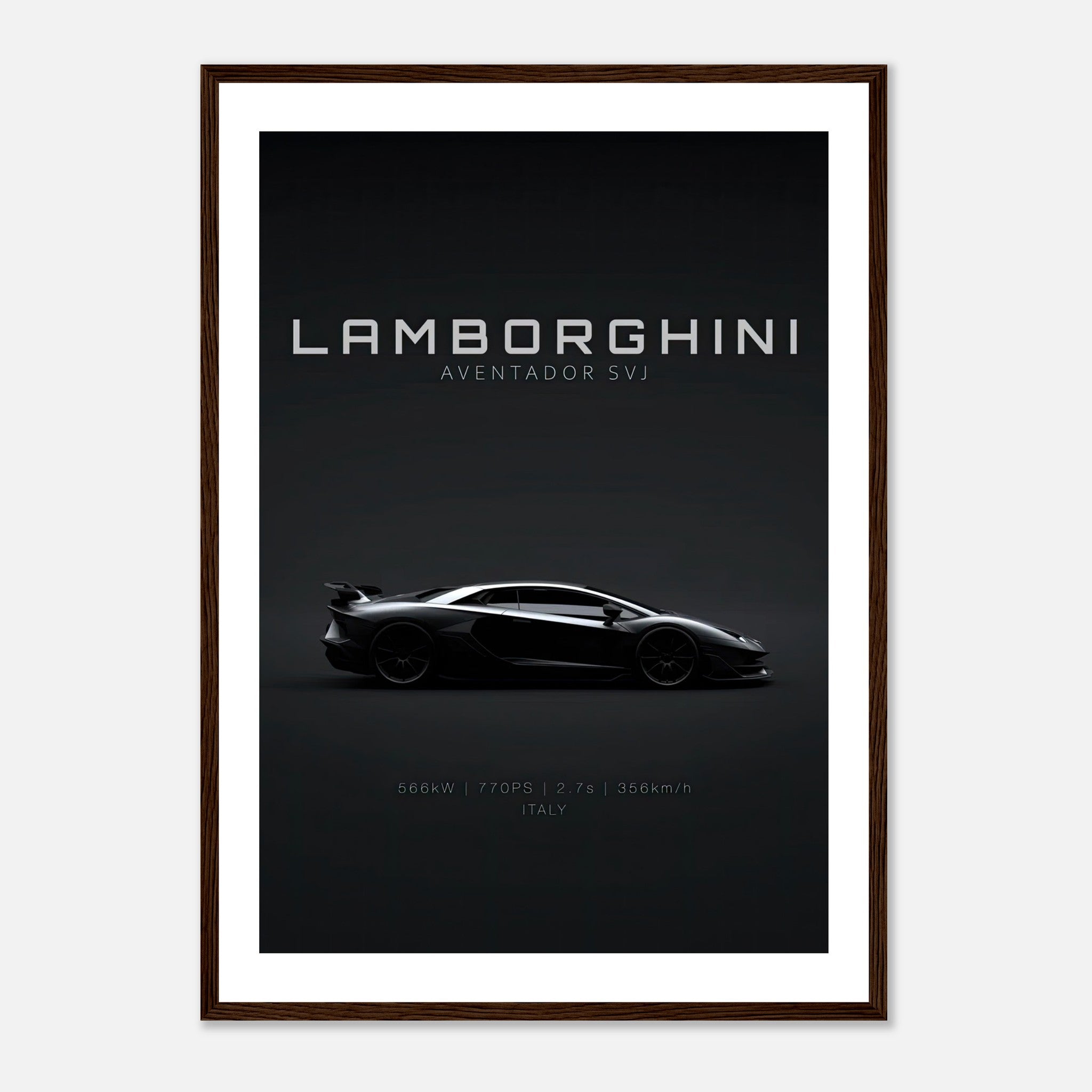 Lamborghini Aventador SVJ framed poster showcasing sleek silhouette and luxury design.