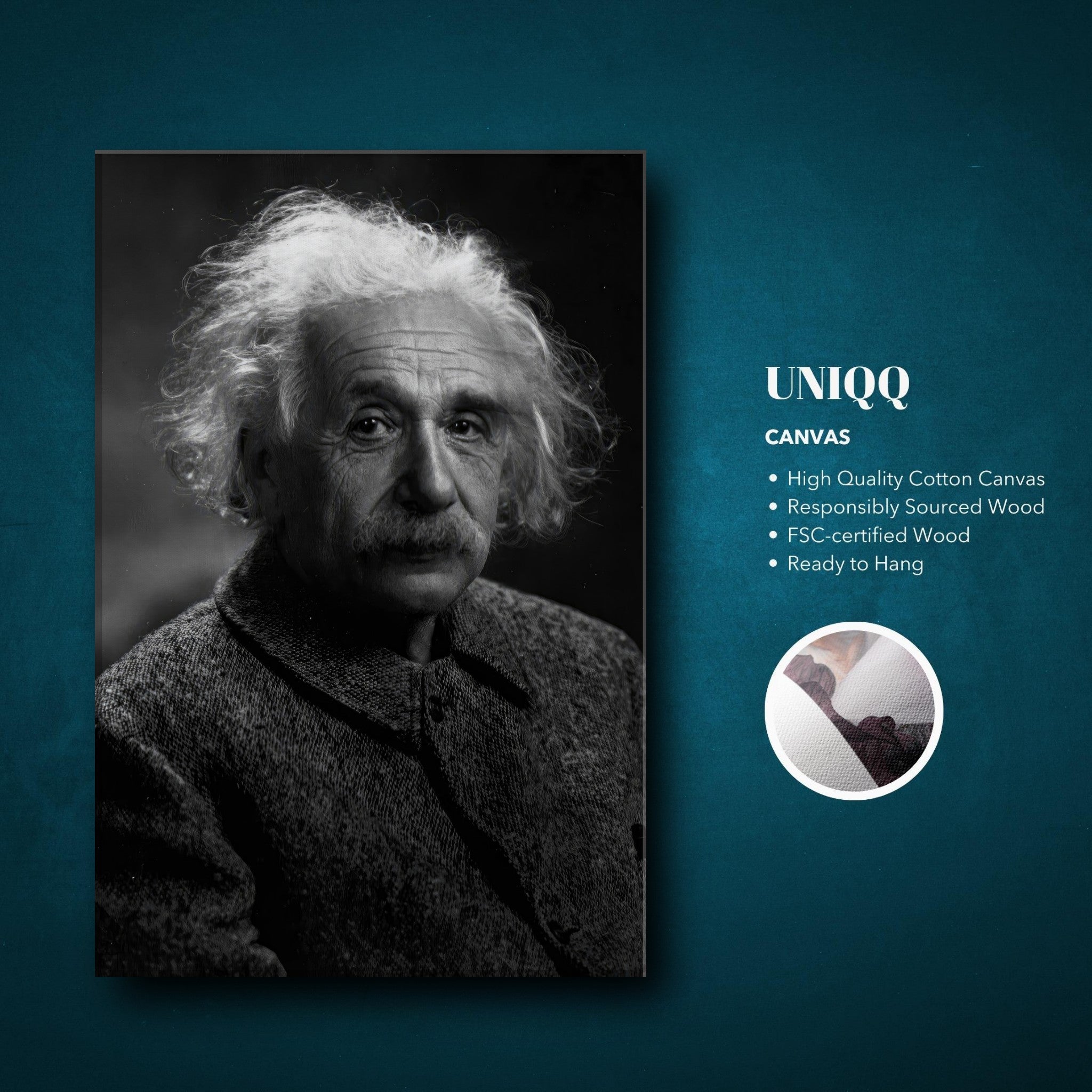 Albert Einstein portrait canvas print showcasing his wise expression on high-quality cotton canvas.