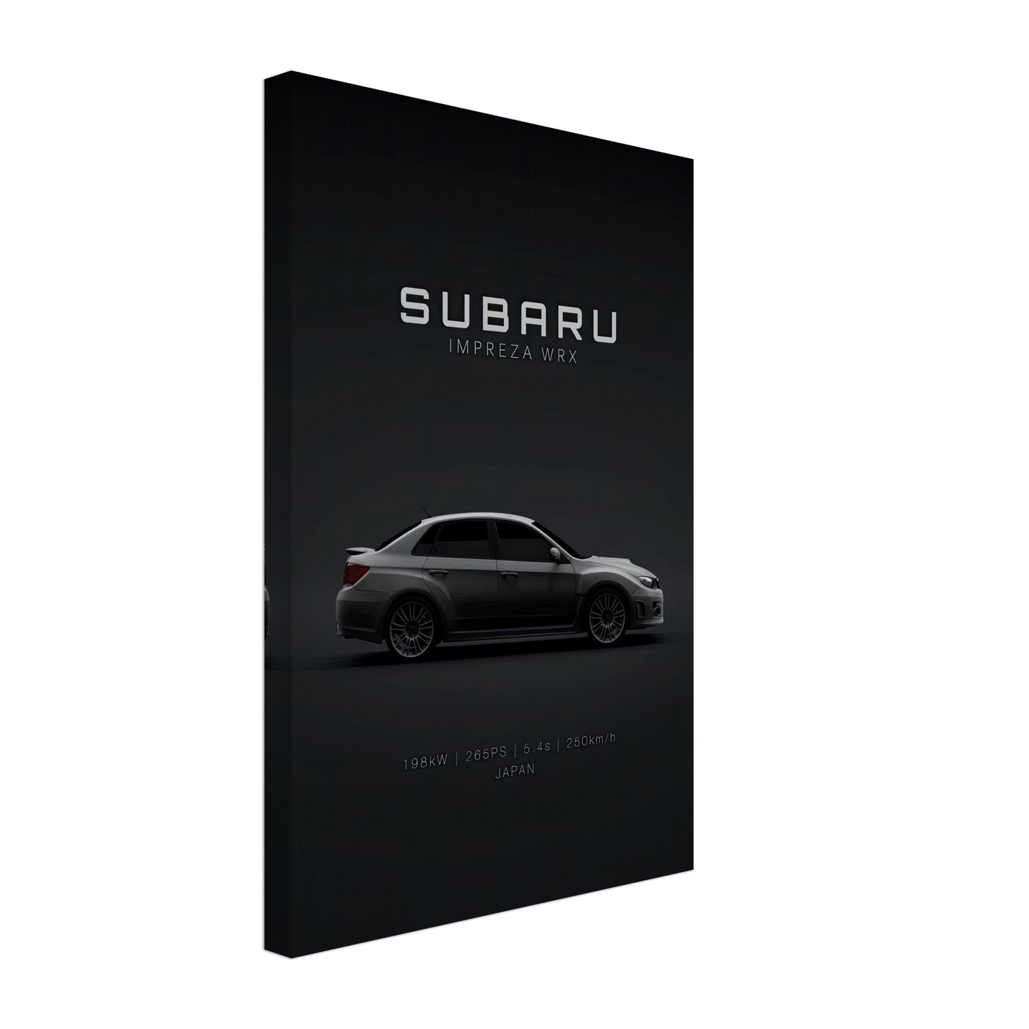 Subaru Impreza WRX canvas art featuring dynamic design and sleek black backdrop for car enthusiasts.