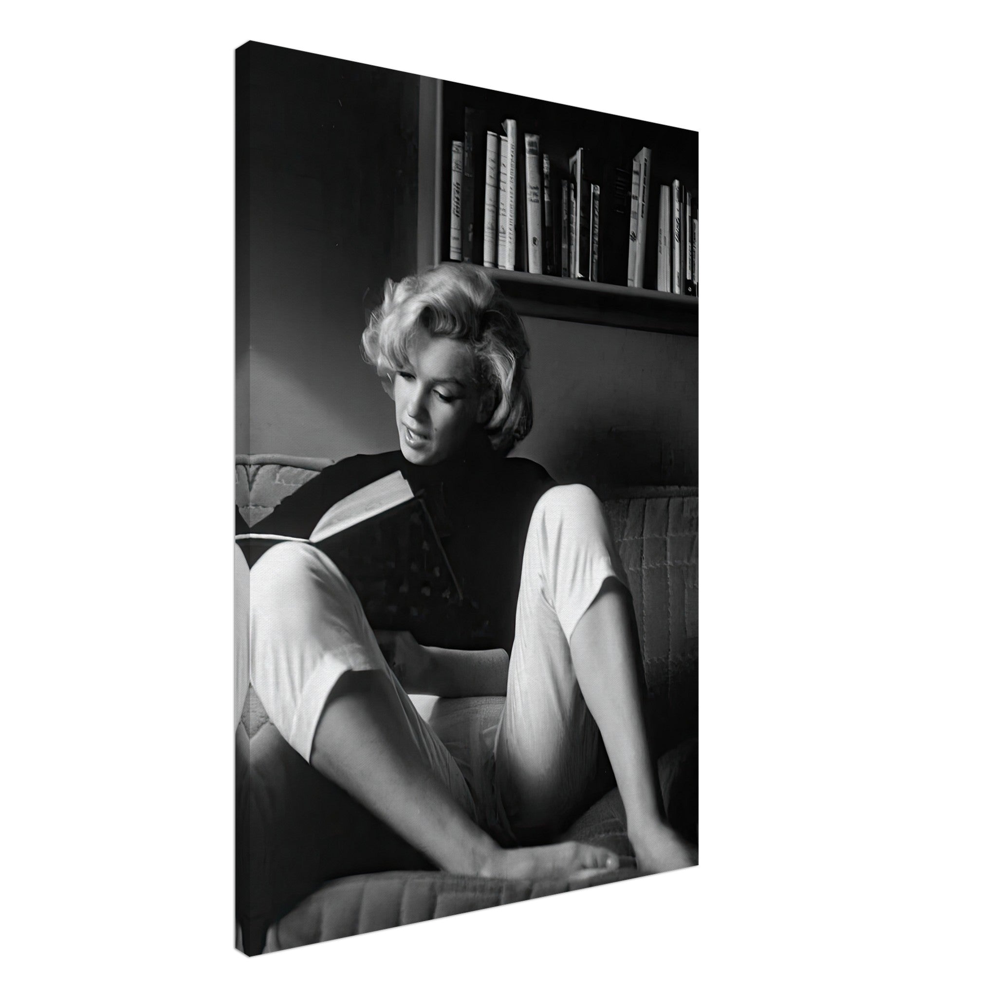 Black and white canvas of Marilyn Monroe reading at home, exuding elegance and Hollywood glamour.