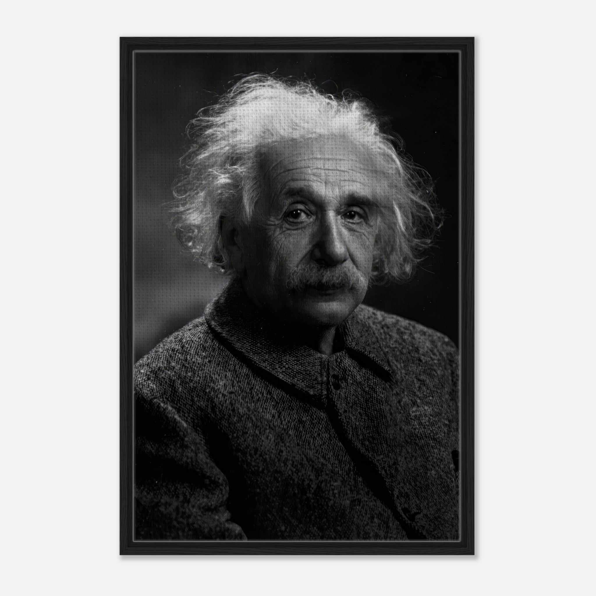 Albert Einstein portrait framed canvas print in black and white, showcasing his thoughtful expression.
