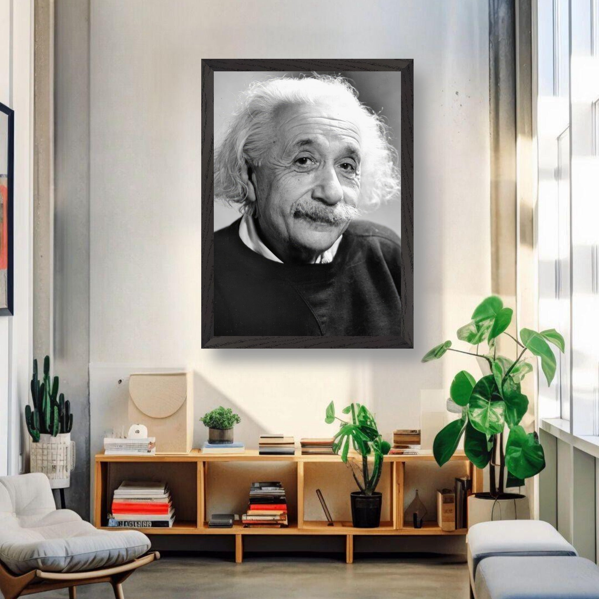 Vintage framed print of Albert Einstein in a warm black-and-white portrait, perfect for home or office decor.