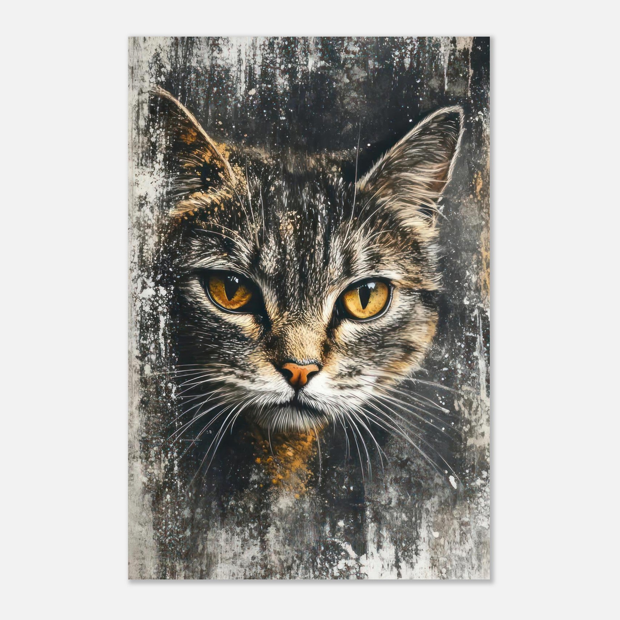 Stunning cat painting artwork metal print featuring a detailed portrait of a cat with golden eyes.