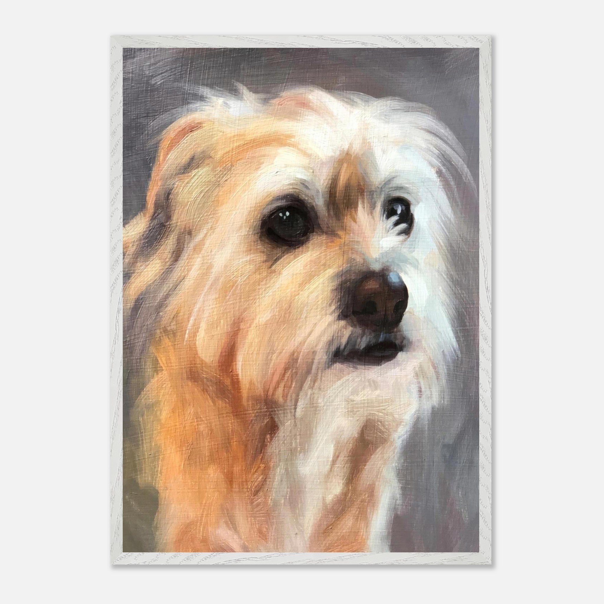 Detailed portrait of a terrier dog in a vintage framed print, showcasing warm colors and expressive eyes.