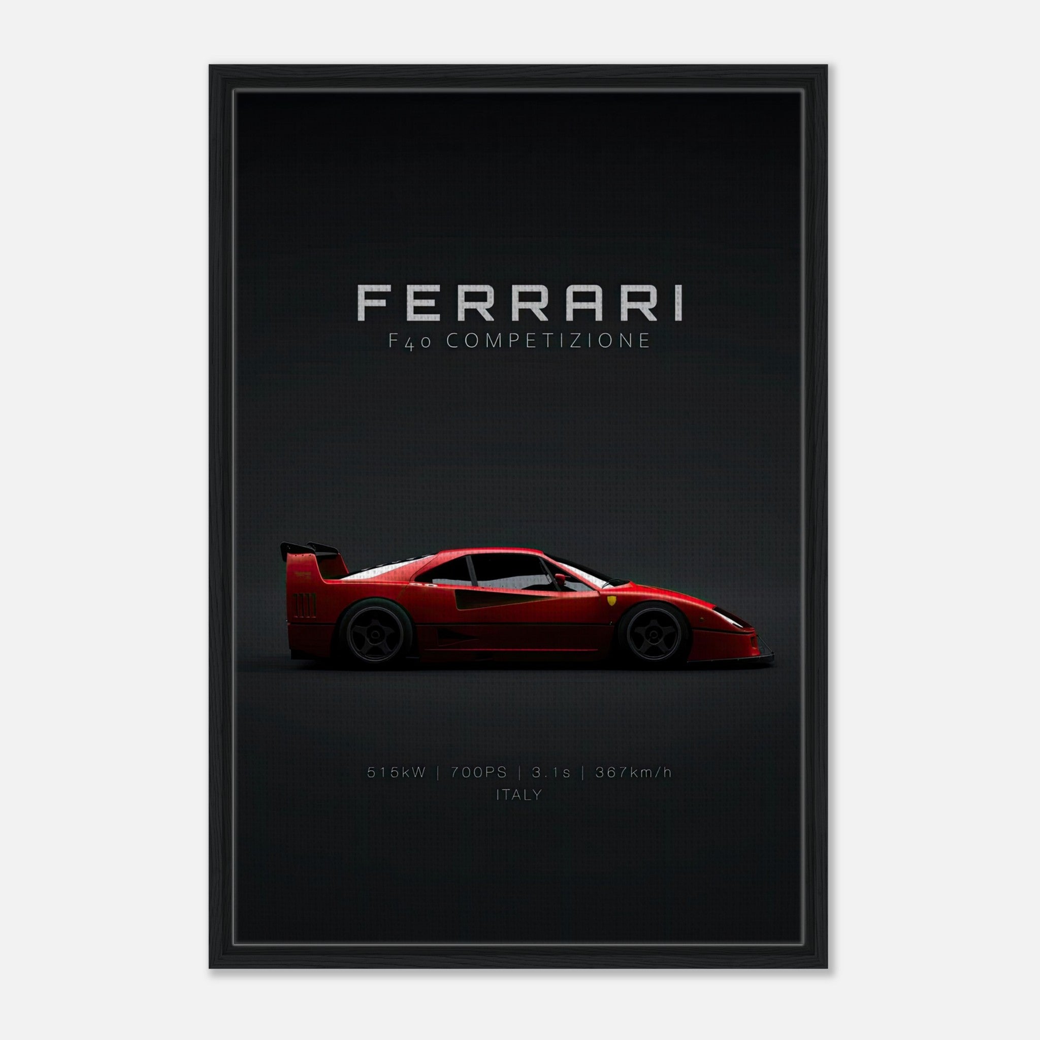 Ferrari F40 Competizione framed canvas featuring sleek red supercar on black background, perfect for car enthusiasts.