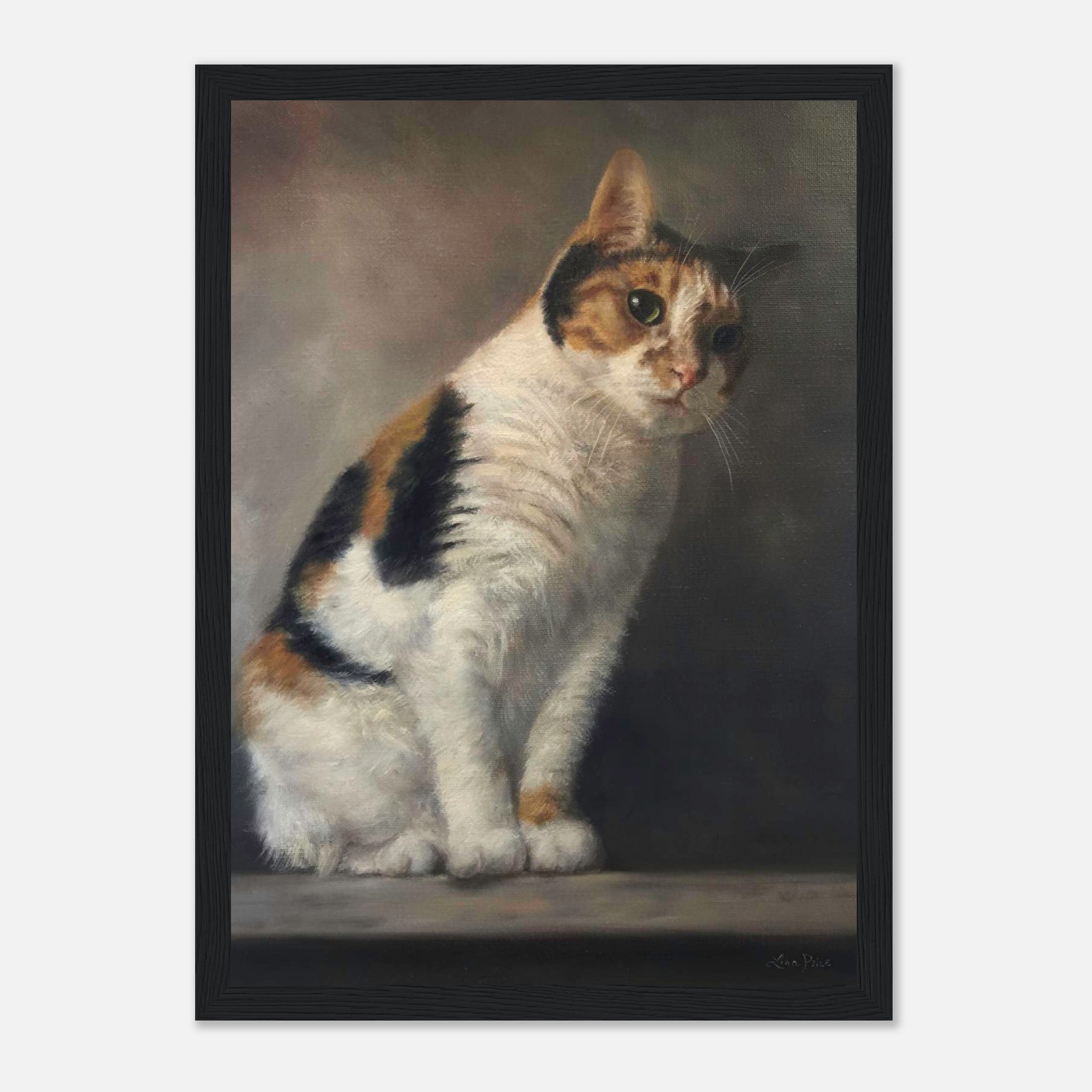 Realistic cat portrait painting framed print showcasing intricate details and soulful expression of feline beauty.