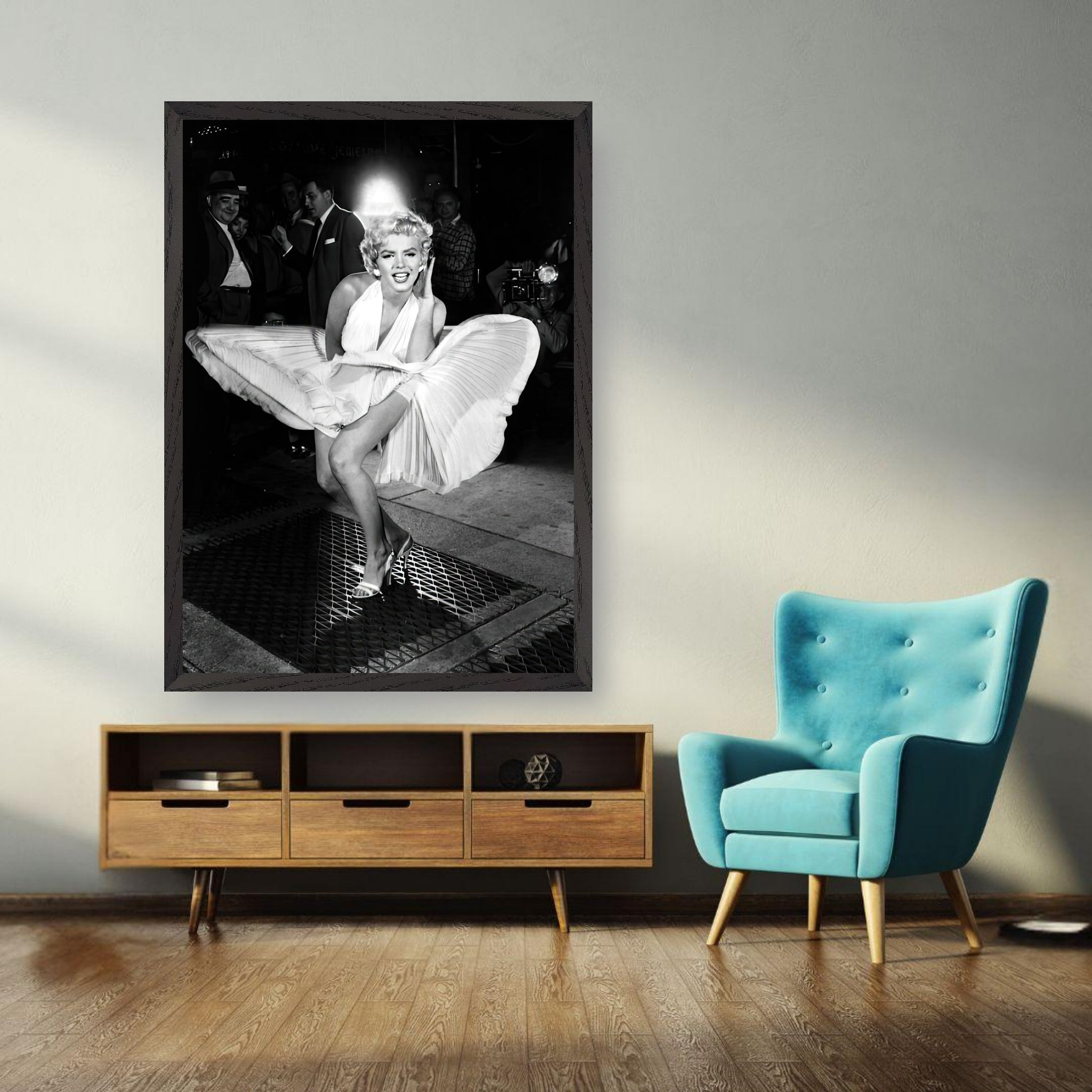 Marilyn Monroe in white dress caught by wind, classic Hollywood fine art print showcasing elegance and charm.